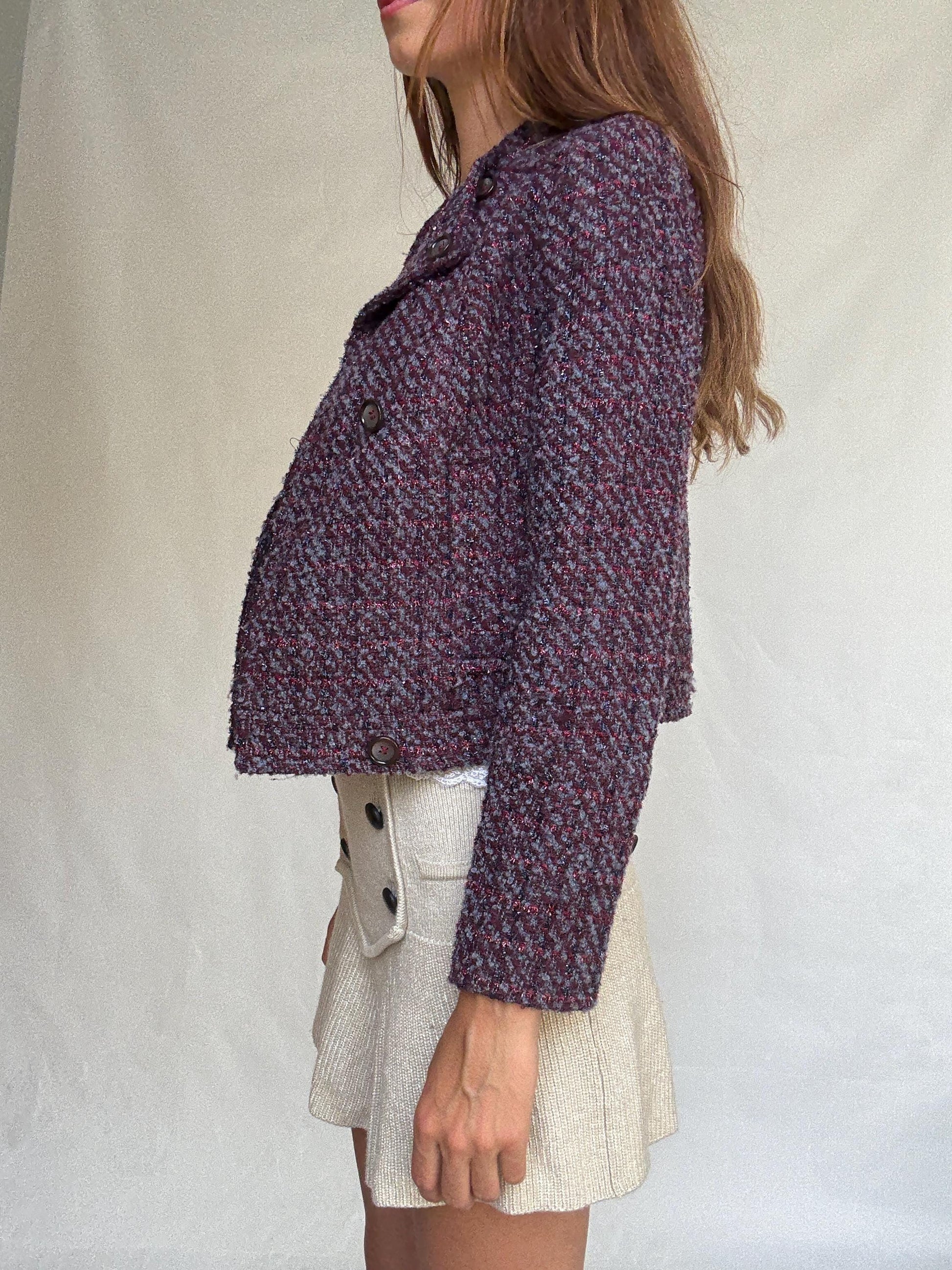 Benetton Tweed Style Cropped Jacket – Purple Shimmer Party Blazer, French Chic Emily in Paris Look, Size XS, Wool Blend