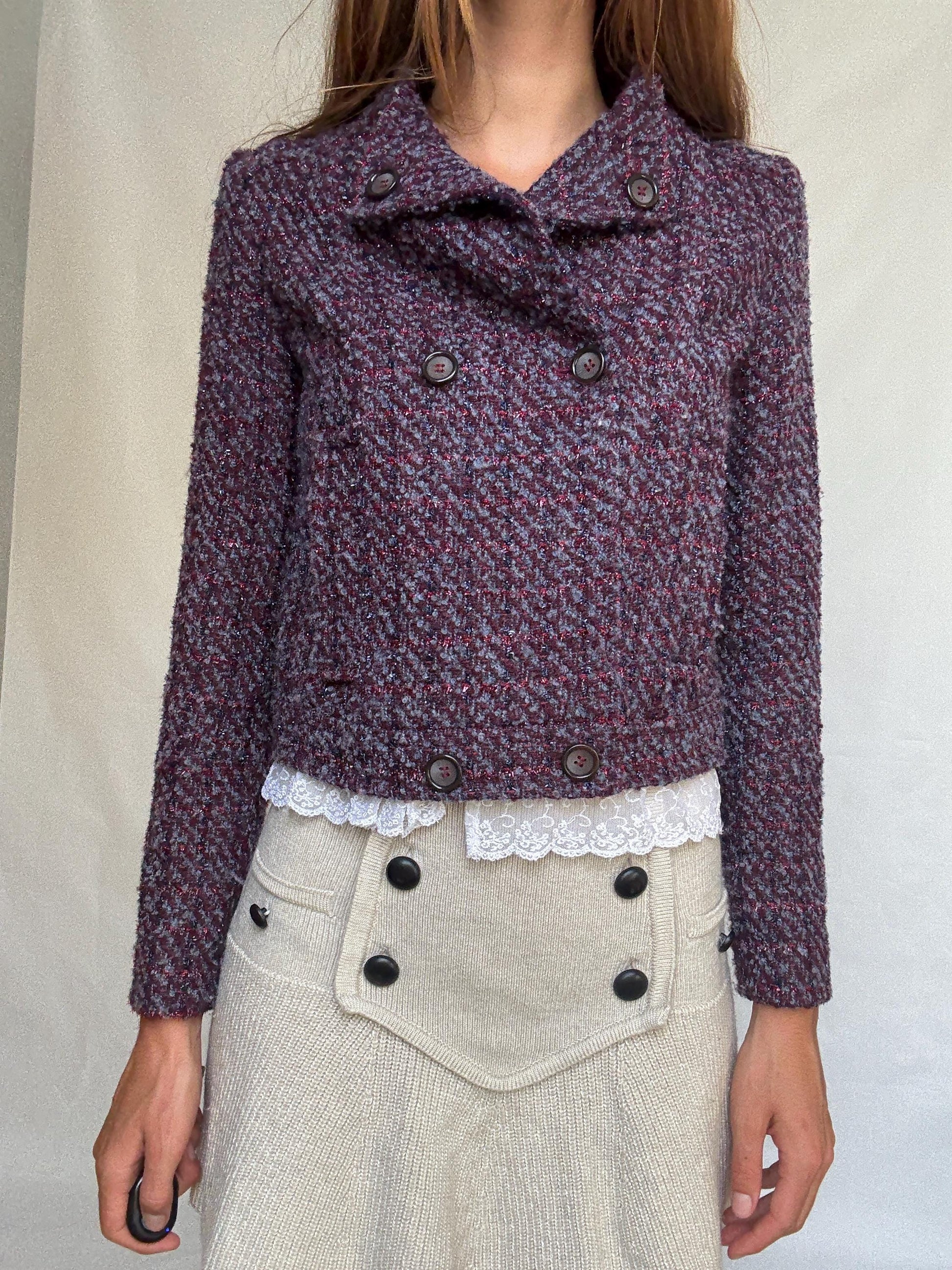 Benetton Tweed Style Cropped Jacket – Purple Shimmer Party Blazer, French Chic Emily in Paris Look, Size XS, Wool Blend