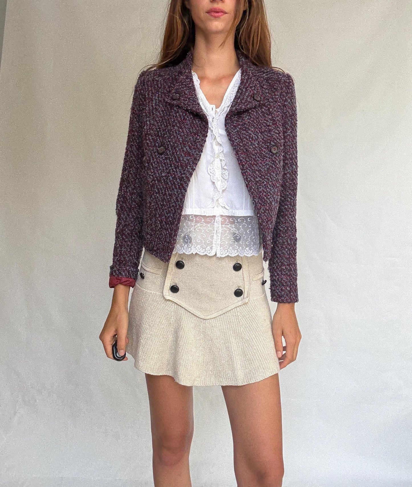 Benetton Tweed Style Cropped Jacket – Purple Shimmer Party Blazer, French Chic Emily in Paris Look, Size XS, Wool Blend
