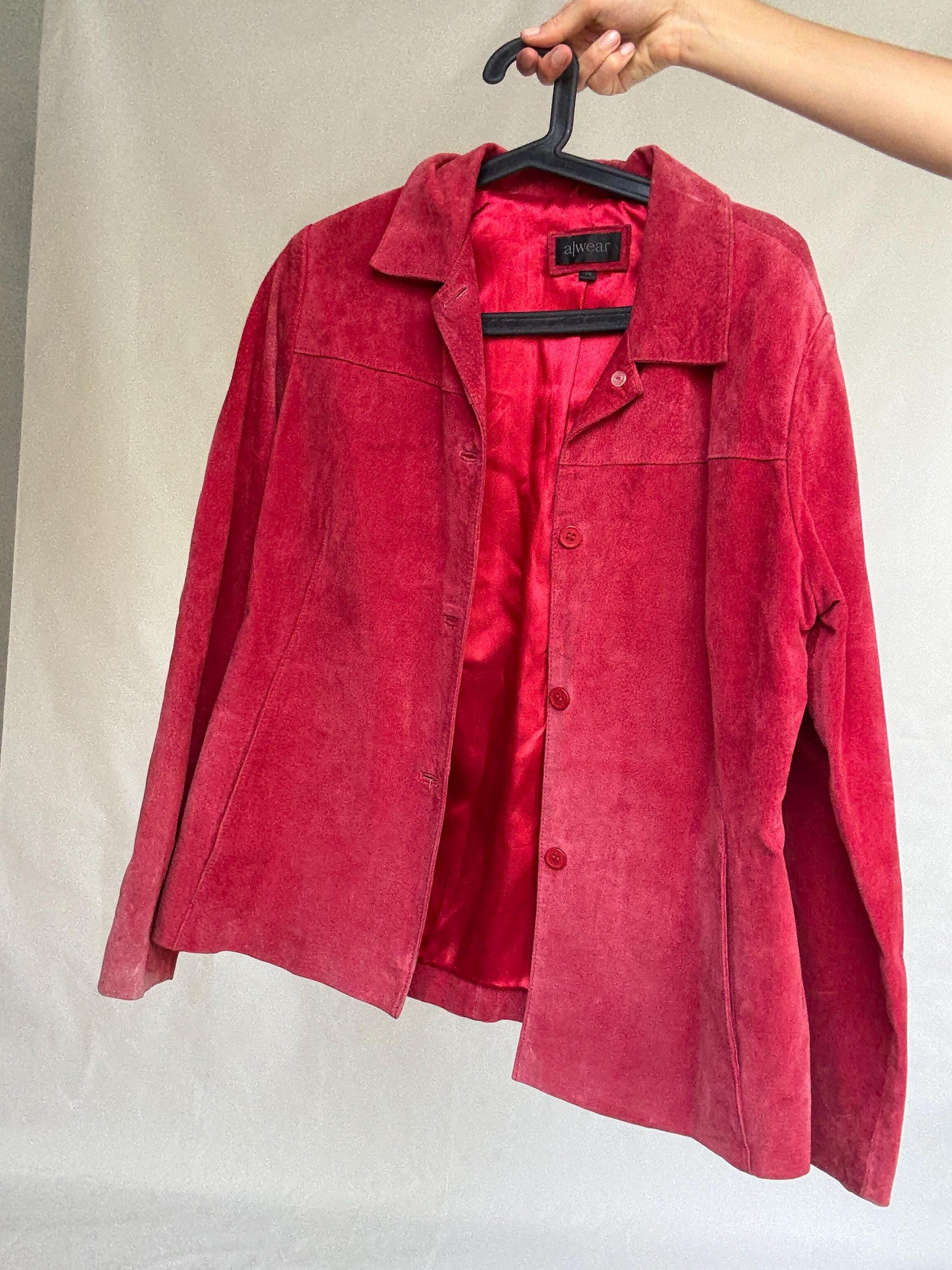 Vintage Dark Red Suede Leather Jacket, 90s Blazer, Button-Up Suede Coat,