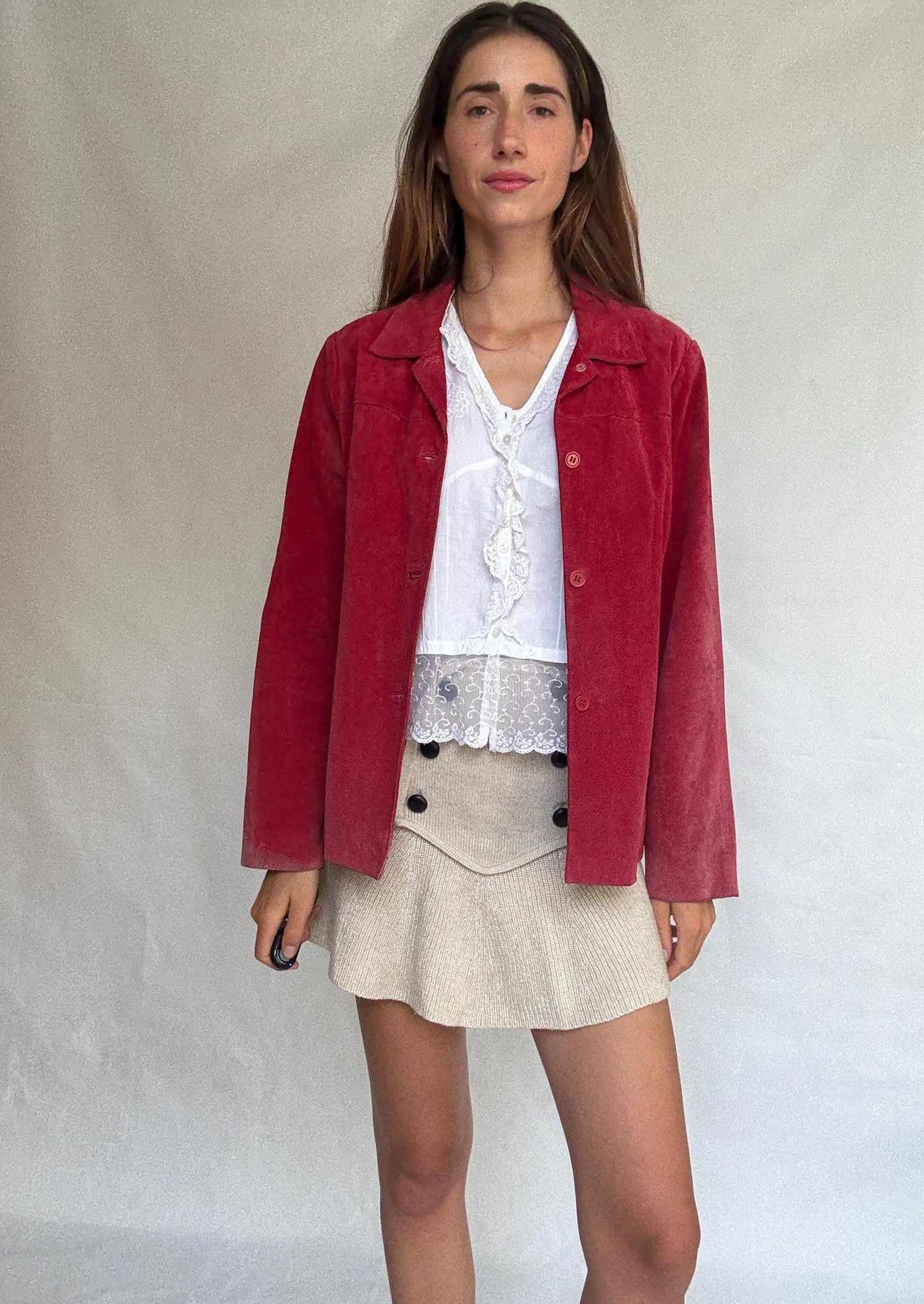Vintage Dark Red Suede Leather Jacket, 90s Blazer, Button-Up Suede Coat,