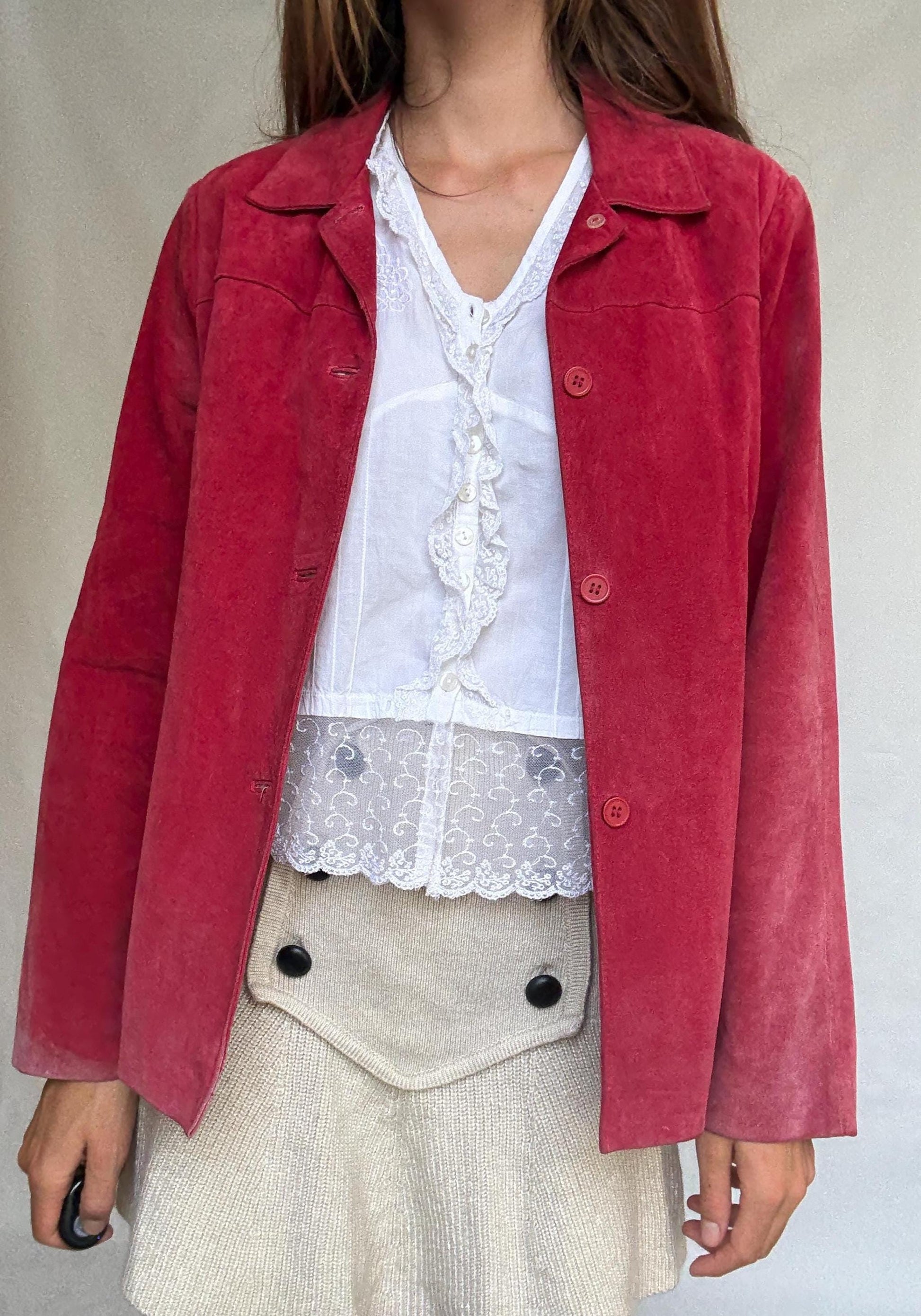 Vintage Dark Red Suede Leather Jacket, 90s Blazer, Button-Up Suede Coat,