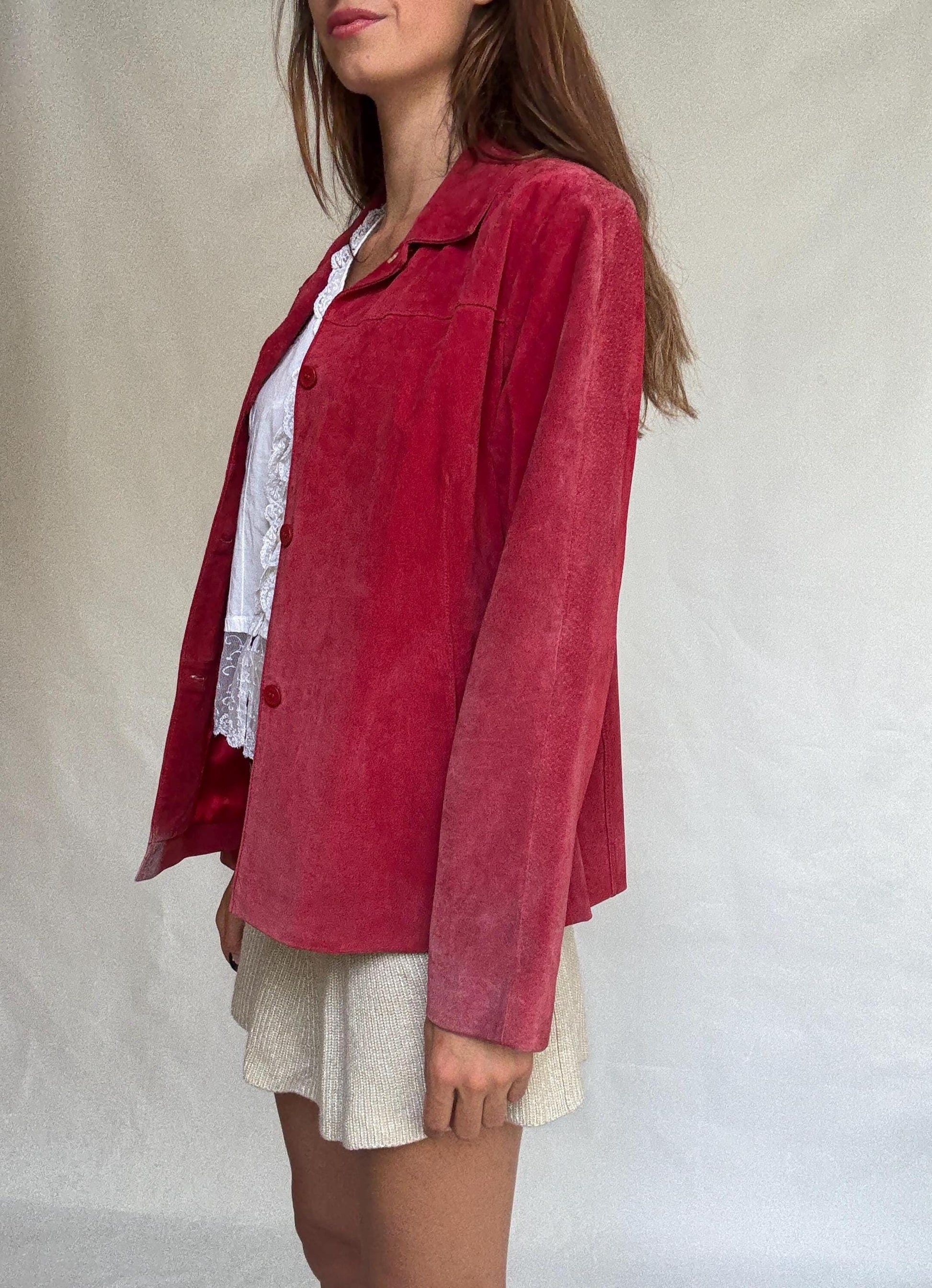 Vintage Dark Red Suede Leather Jacket, 90s Blazer, Button-Up Suede Coat,