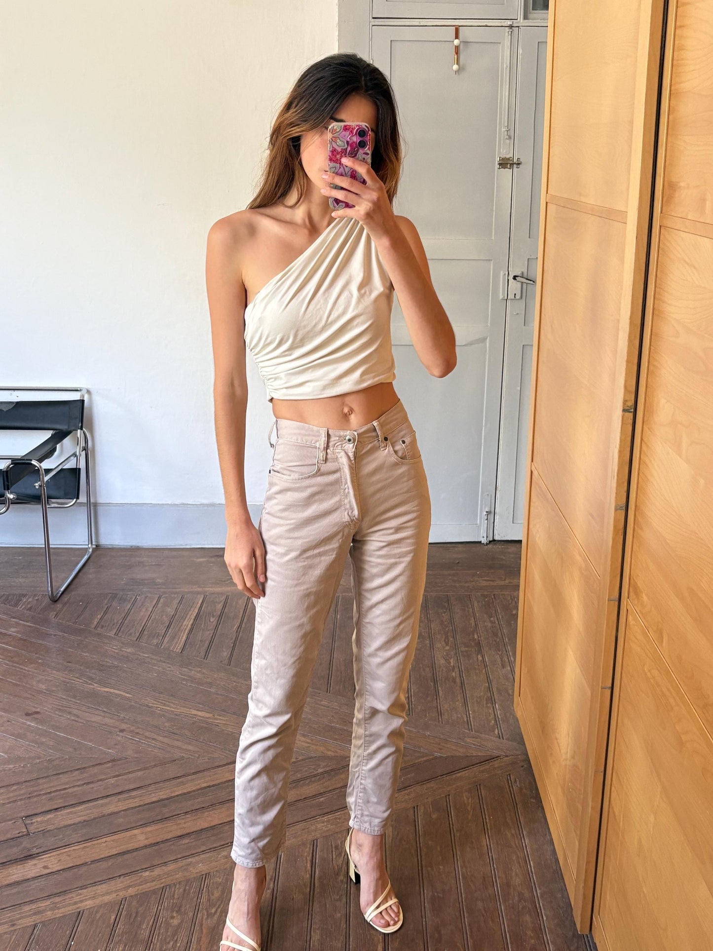 Vintage Caroche beige trousers, high-waisted straight-leg pants, neutral-tone casual jeans, classic retro fashion, timeless minimalist style