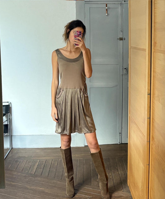 light brown designer dress out of silk blend material by designer label Adolfo Dominguez