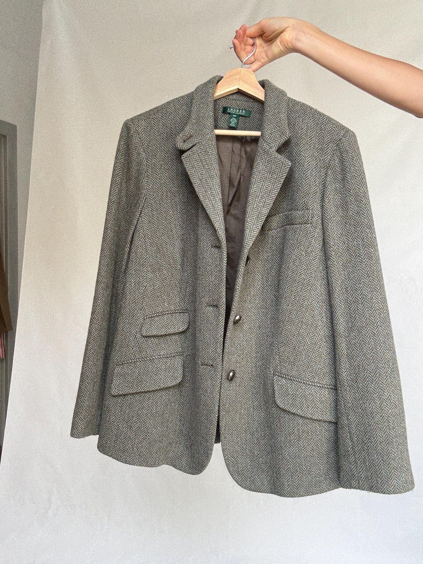 Ralph Lauren vintage wool blazer 16W – herringbone tweed jacket with pockets, classic tailoring for fall layering