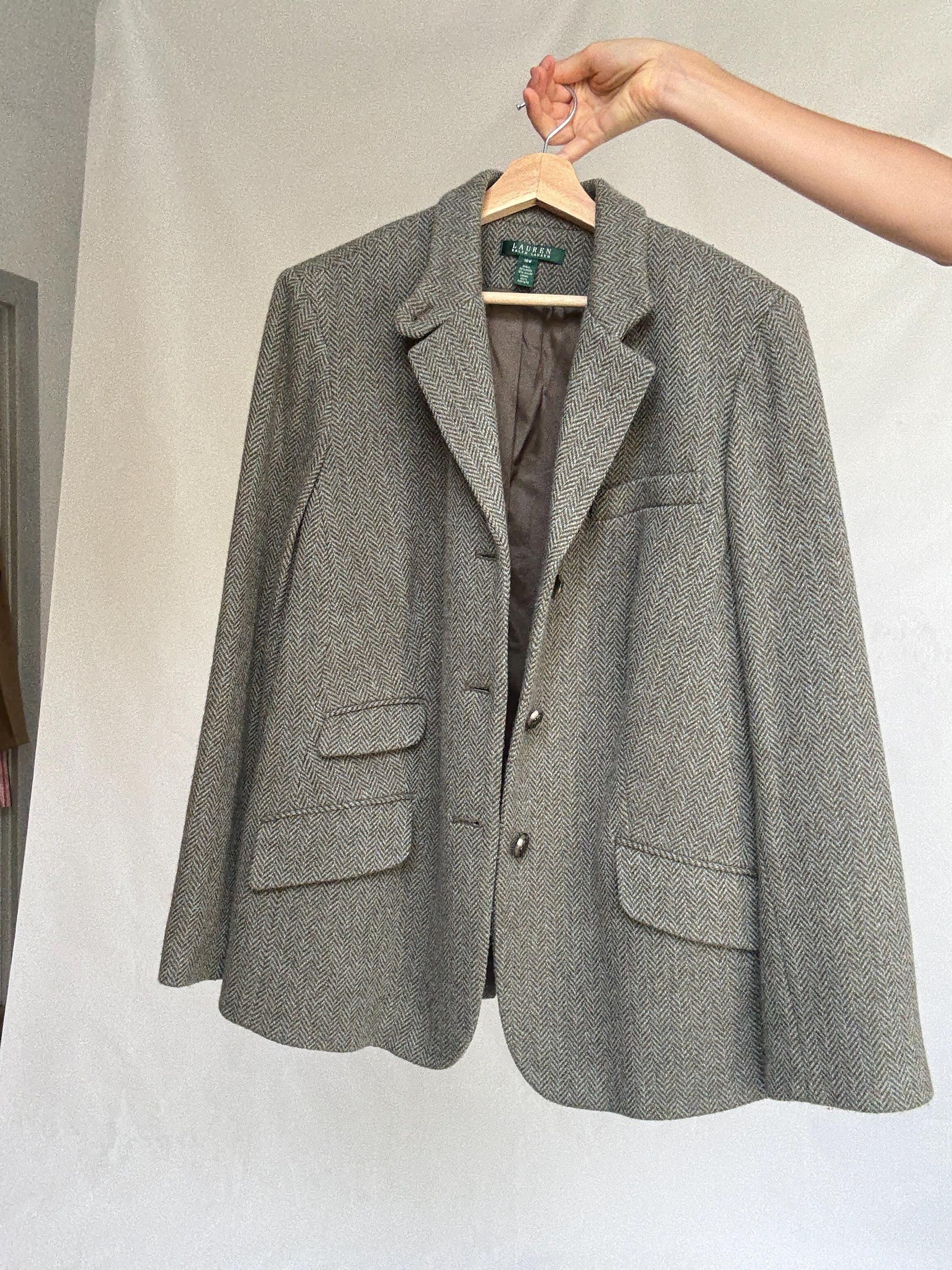Ralph Lauren vintage wool blazer 16W – herringbone tweed jacket with pockets, classic tailoring for fall layering