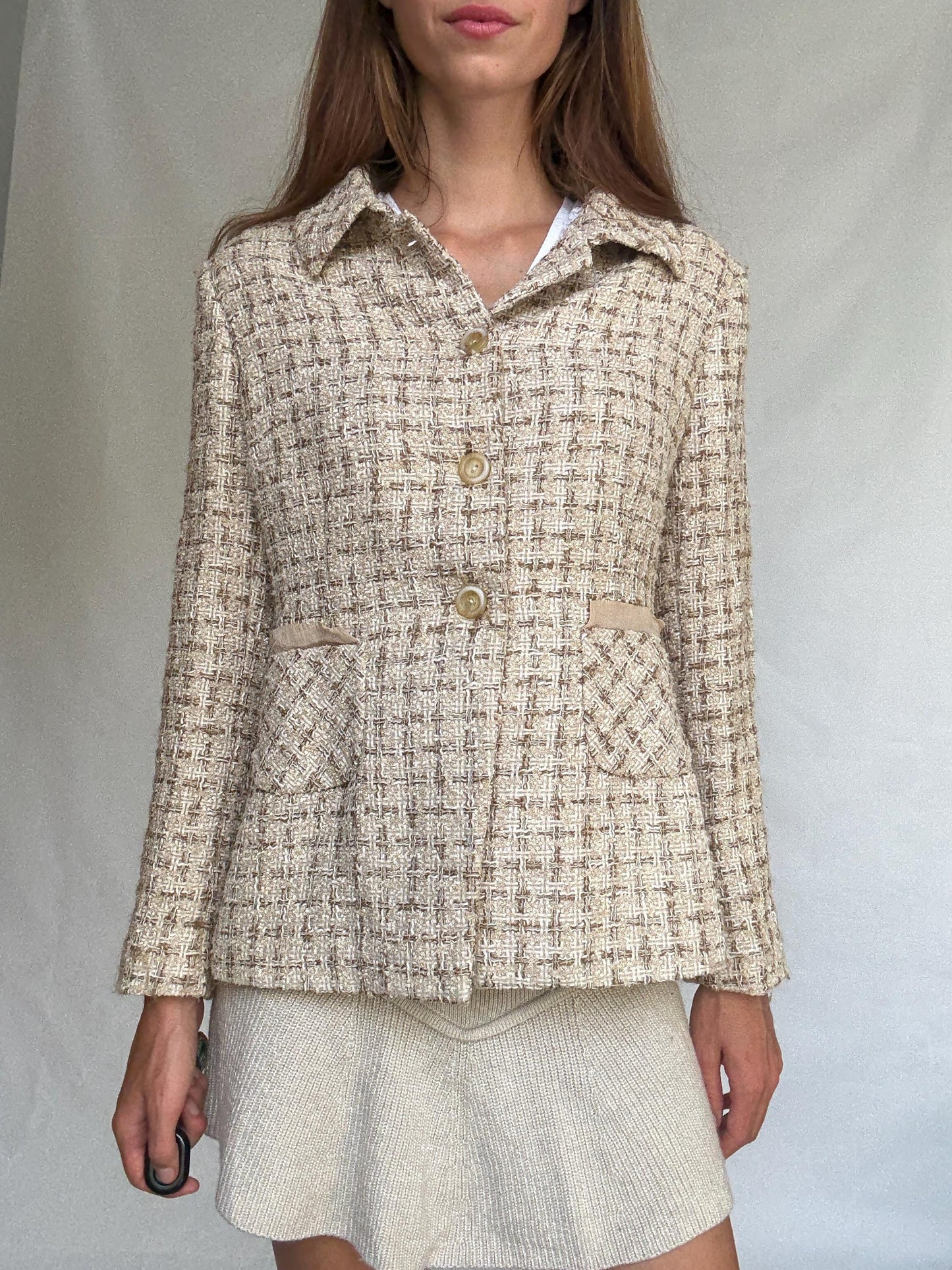 Purificación García silk pocket blazer – size 46 vintage designer jacket with textured weave and elegant tailoring
