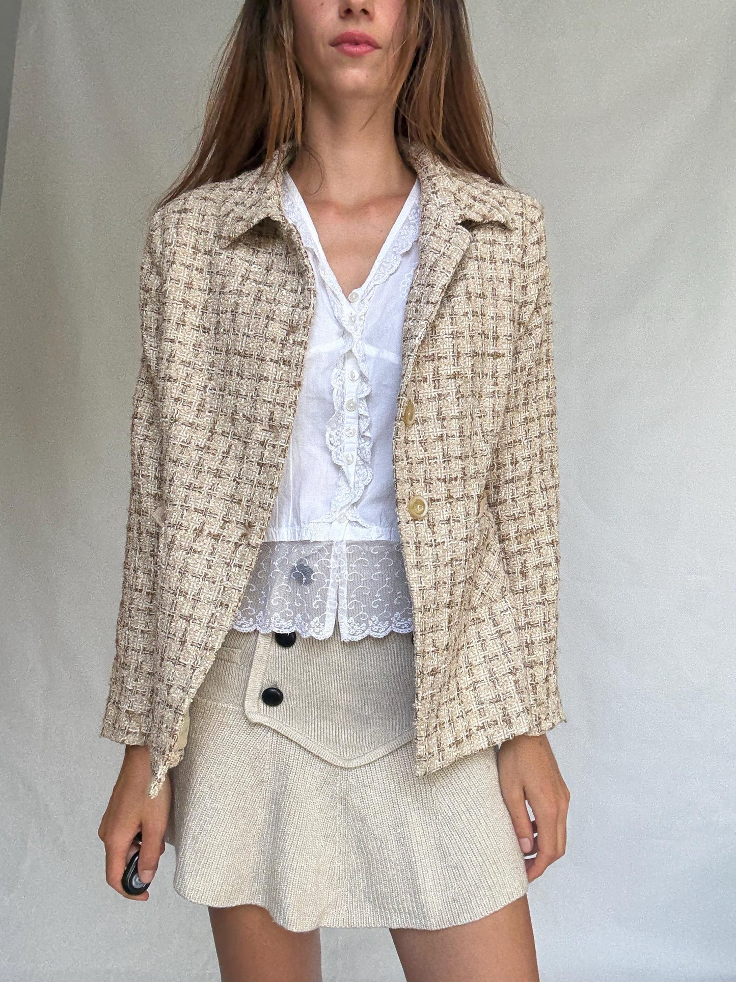 Purificación García silk pocket blazer – size 46 vintage designer jacket with textured weave and elegant tailoring