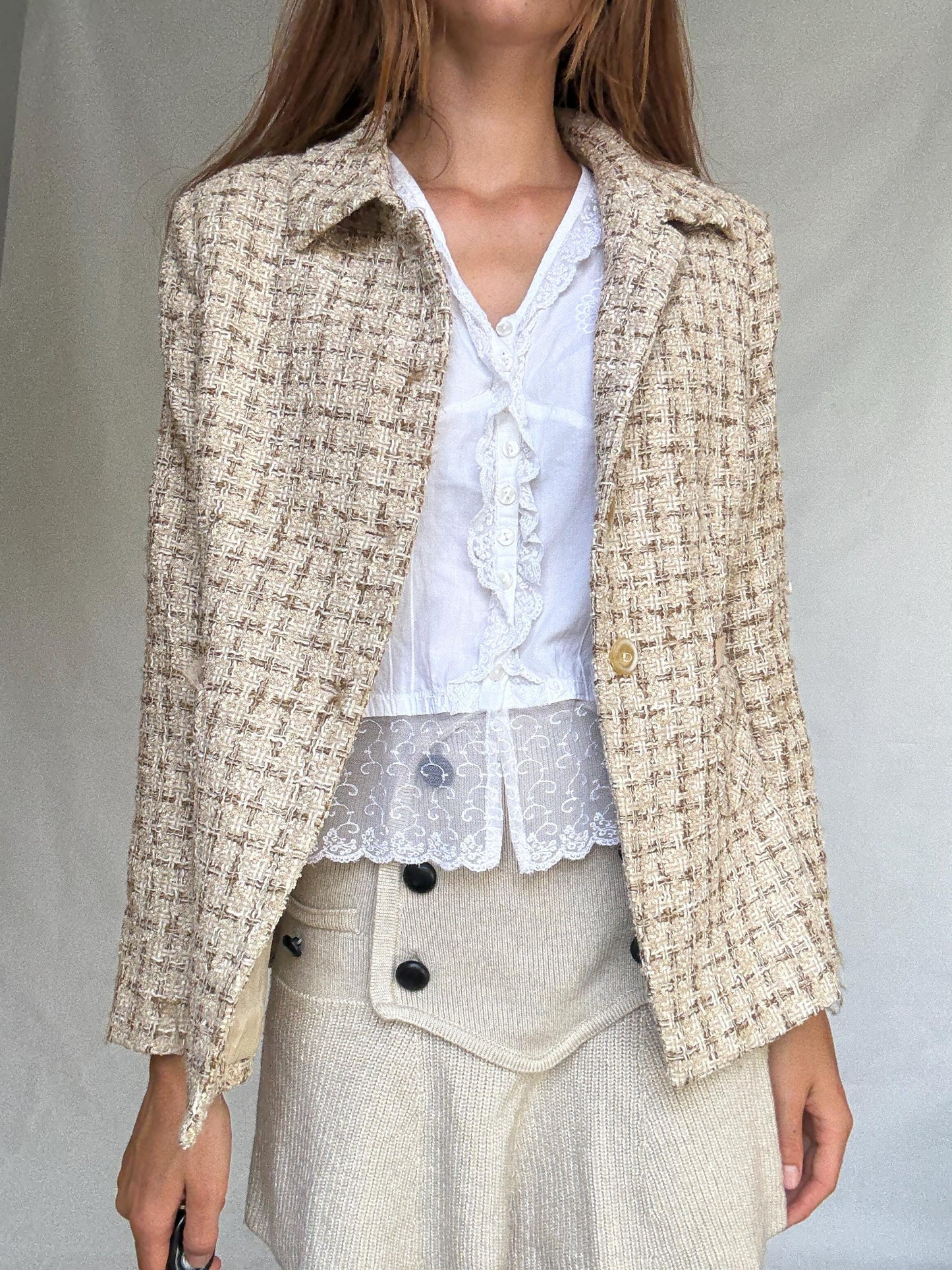 Purificación García silk pocket blazer – size 46 vintage designer jacket with textured weave and elegant tailoring