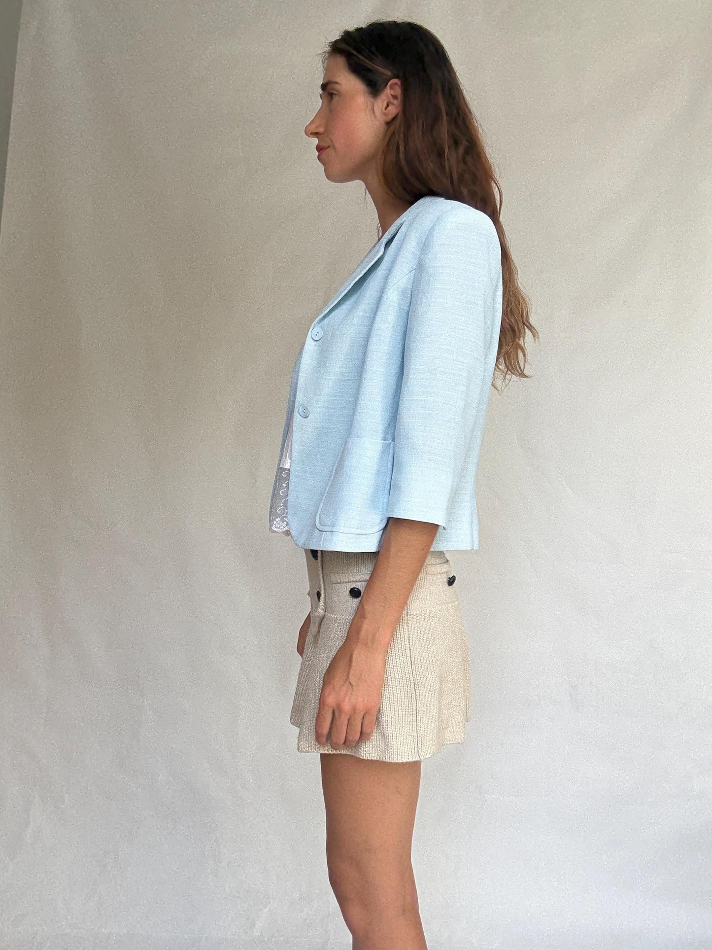 Vintage light blue fitted blazer – cropped tailored jacket with 3/4 sleeves – size 42 elegant pastel layer - Made in Spain