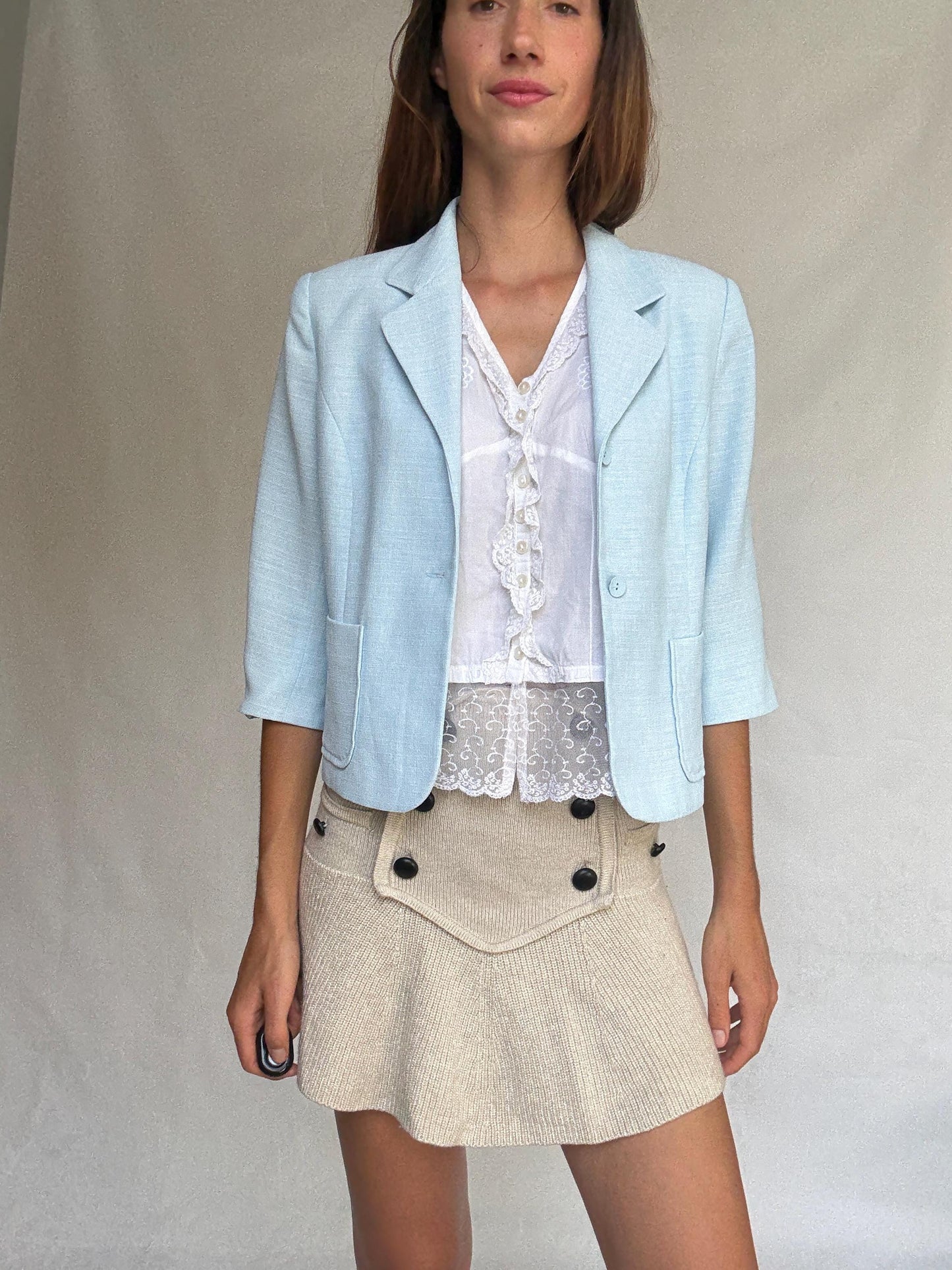 Vintage light blue fitted blazer – cropped tailored jacket with 3/4 sleeves – size 42 elegant pastel layer - Made in Spain