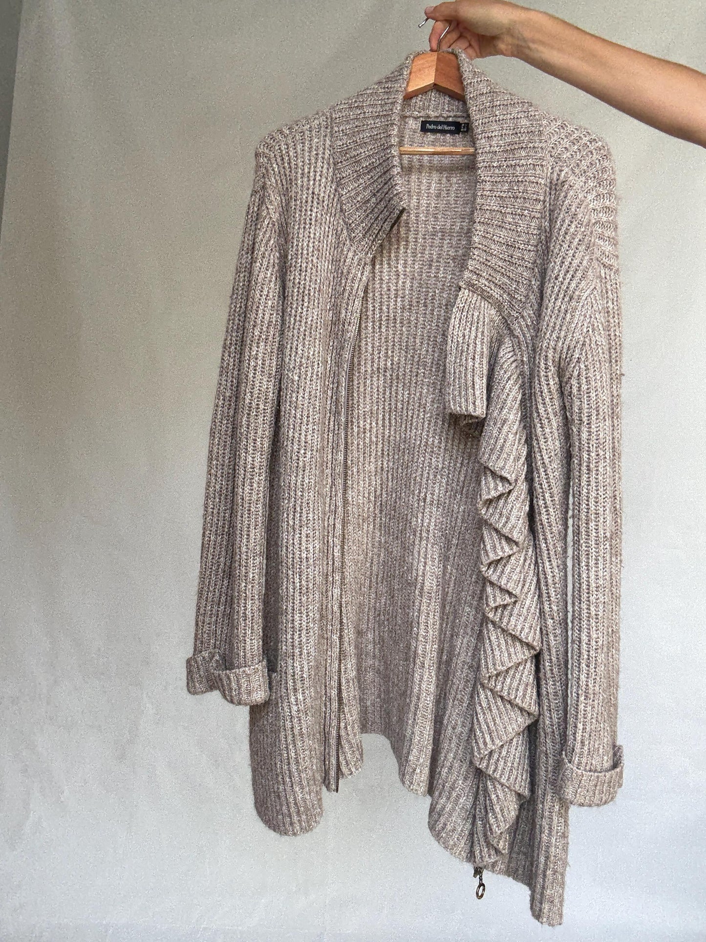 Vintage Pedro del Hierro wool mohair blend cardigan dress – long warm knit with zipper and ruffle detail, size L, designed in Spain