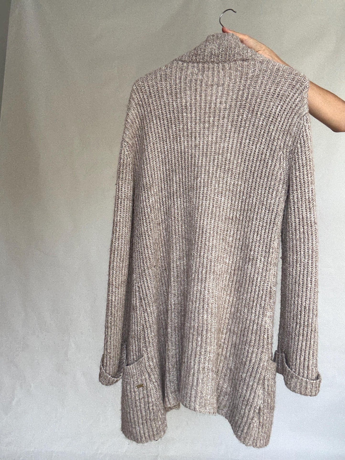 Vintage Pedro del Hierro wool mohair blend cardigan dress – long warm knit with zipper and ruffle detail, size L, designed in Spain