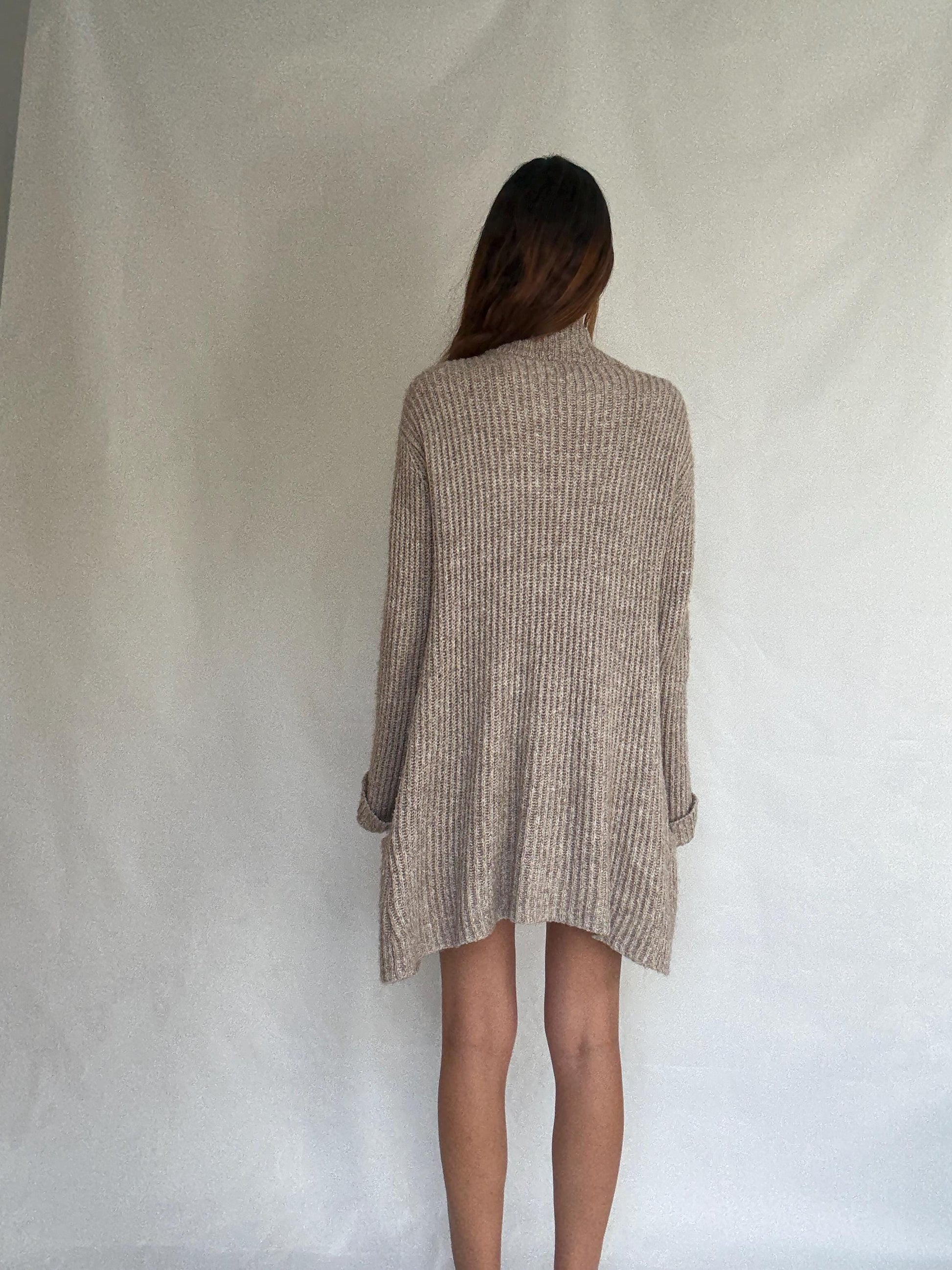Vintage Pedro del Hierro wool mohair blend cardigan dress – long warm knit with zipper and ruffle detail, size L, designed in Spain