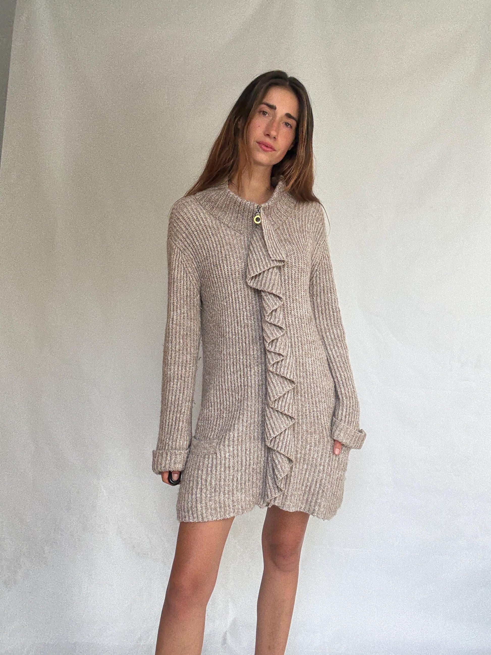 Vintage Pedro del Hierro wool mohair blend cardigan dress – long warm knit with zipper and ruffle detail, size L, designed in Spain