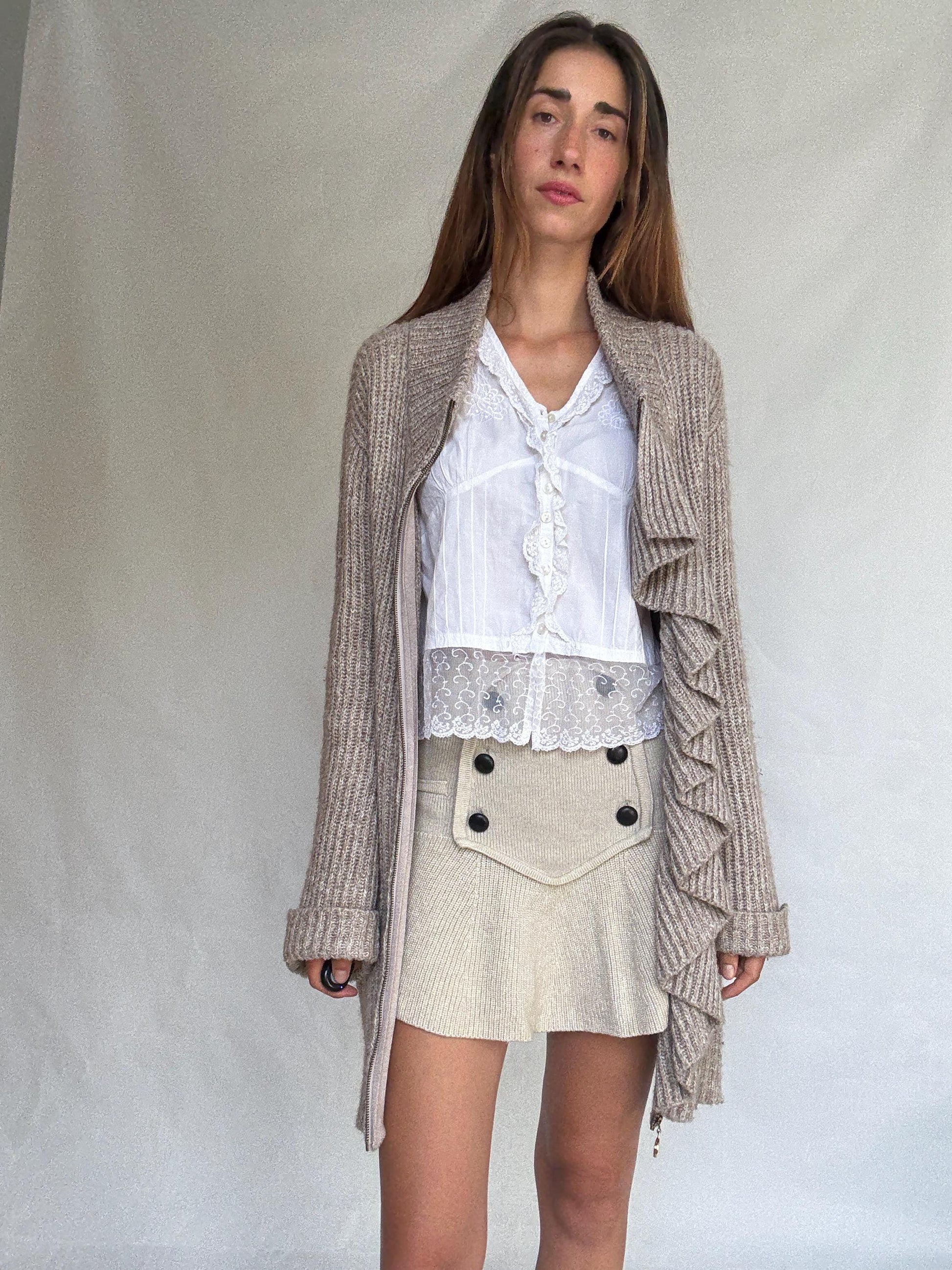 Vintage Pedro del Hierro wool mohair blend cardigan dress – long warm knit with zipper and ruffle detail, size L, designed in Spain