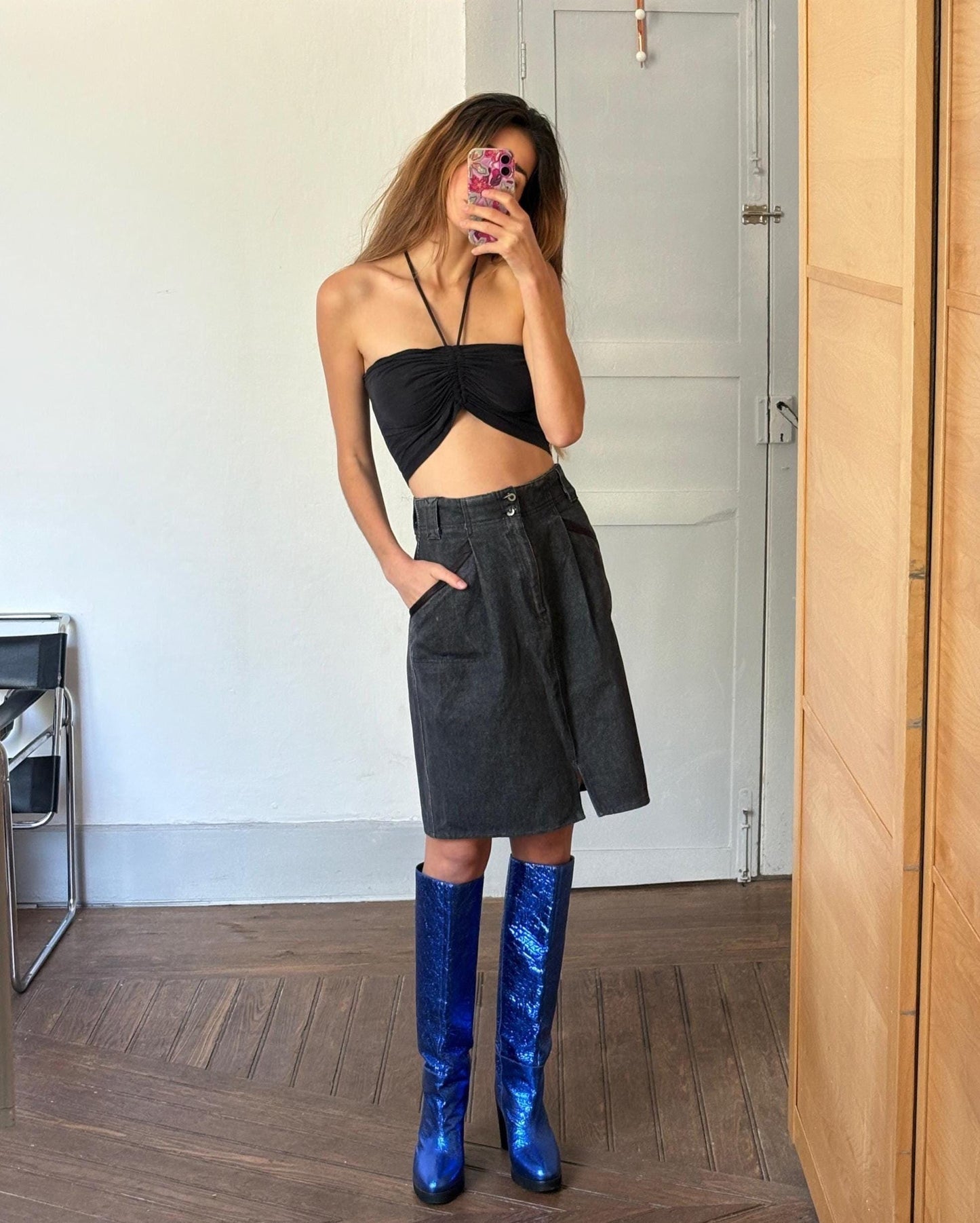 Vintage Italian Denim Midi Skirt – High Waist ’90s Grunge Vibes