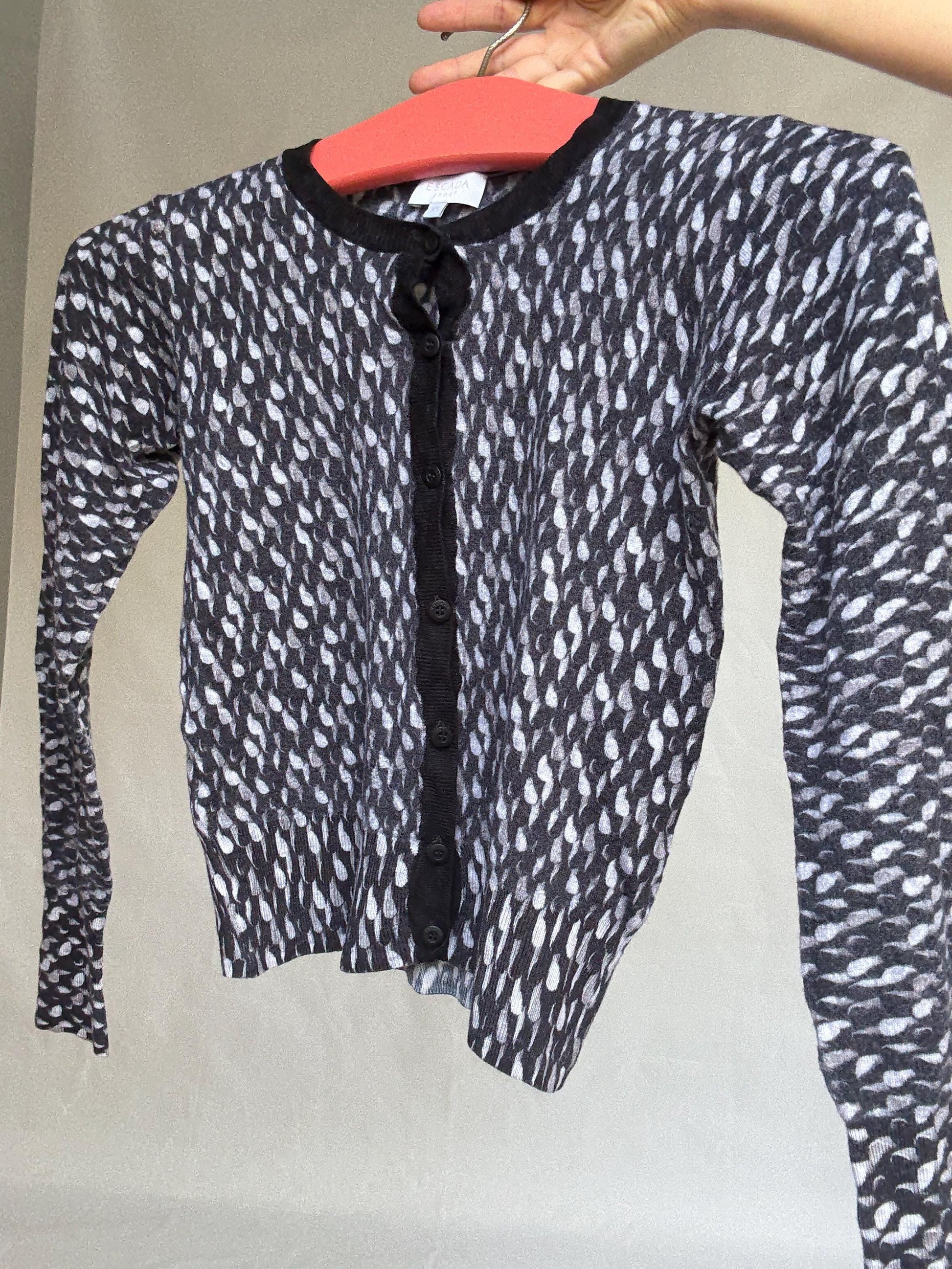 Escada Sport Vintage Wool Cardigan – XS, Black White Knit Button Top, Designer Retro Sweater, Tight Fit, Soft Knit, Luxury woman wear