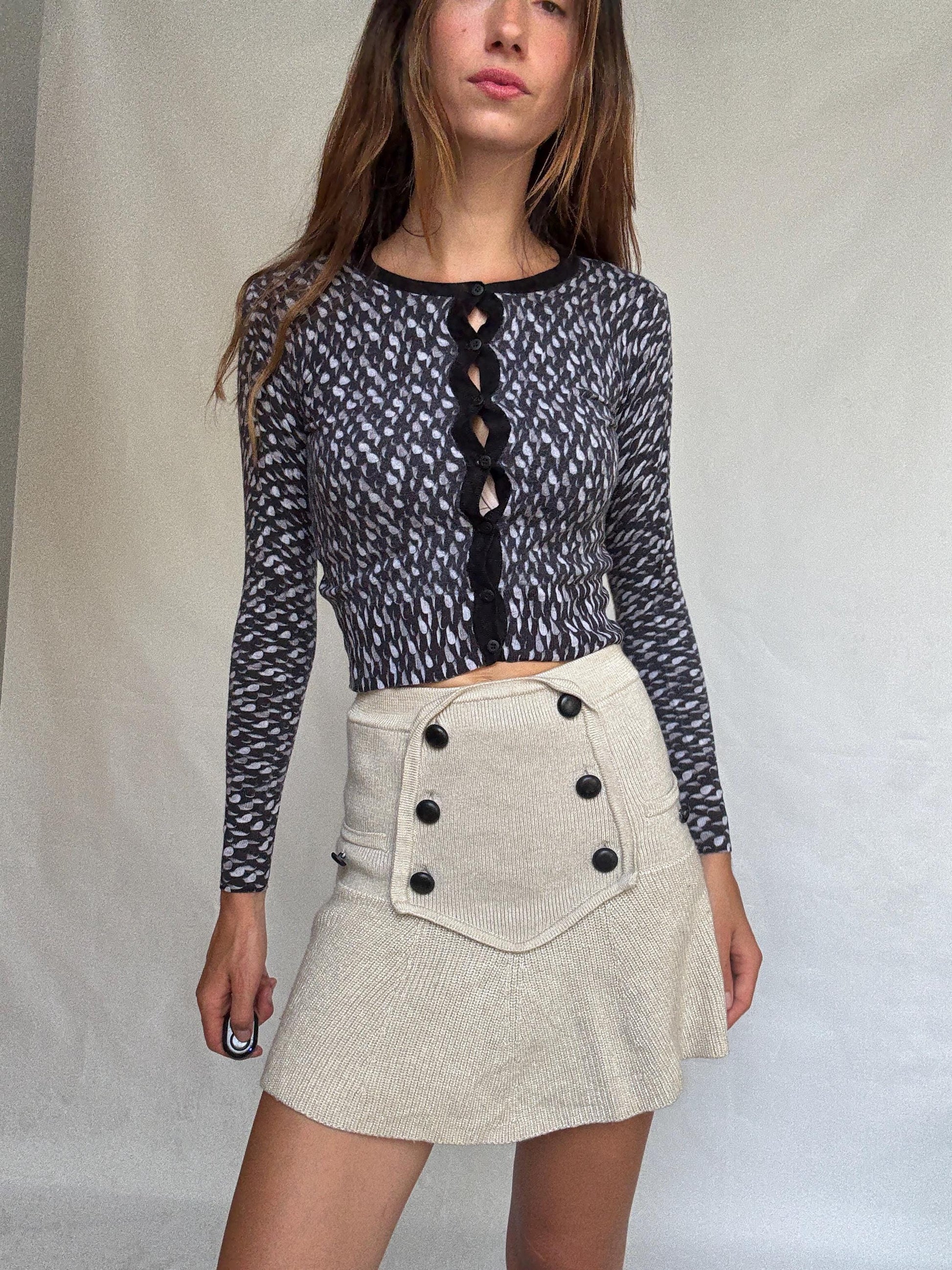 Escada Sport Vintage Wool Cardigan – XS, Black White Knit Button Top, Designer Retro Sweater, Tight Fit, Soft Knit, Luxury woman wear