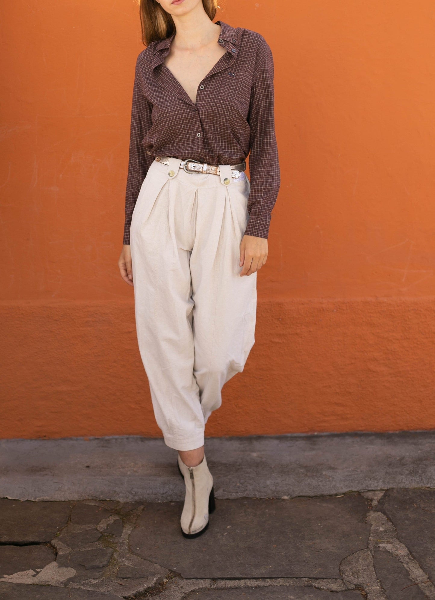 Thomas Burberry vintage plaid blouse – size L, burgundy check, logo buttons, designer button down