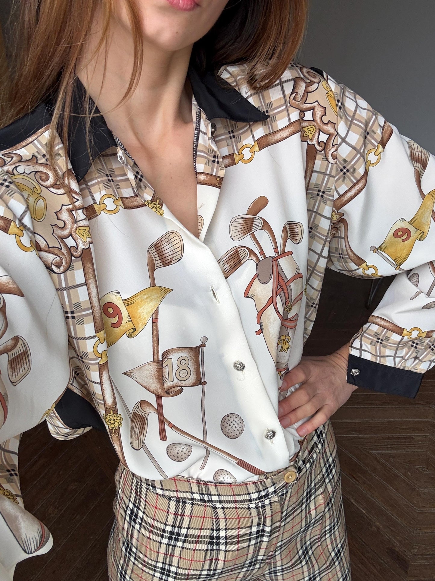 Vintage retro button up shirt, Plaid Floral blouse, Black, beige and gold colourful patterned top, Cute long sleeve summer shirt,