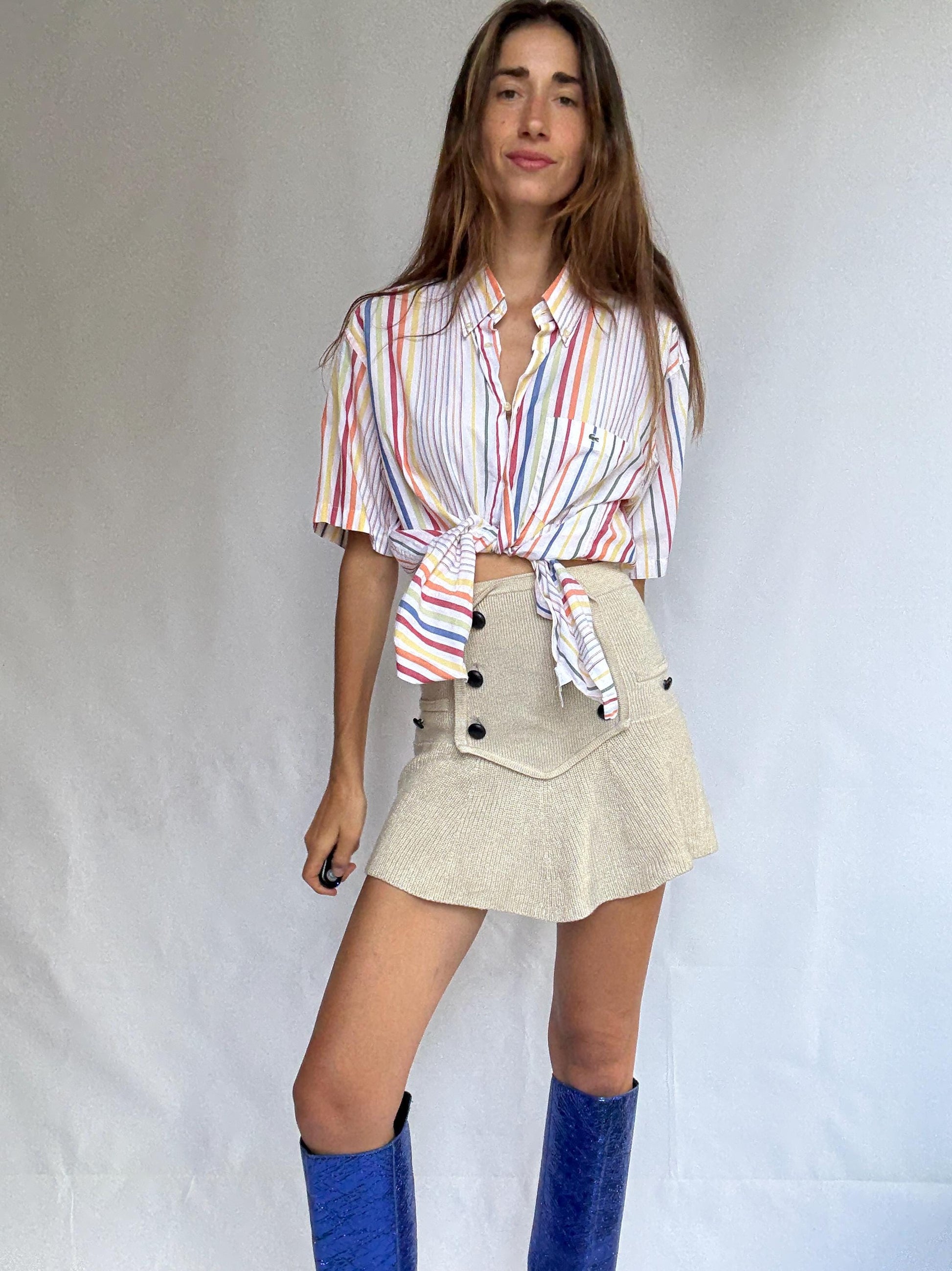 Vintage Lacoste rainbow stripe short sleeve shirt, 100% cotton, oversized fit, preppy retro vibes, unisex classic button-up, Size 42, M-L