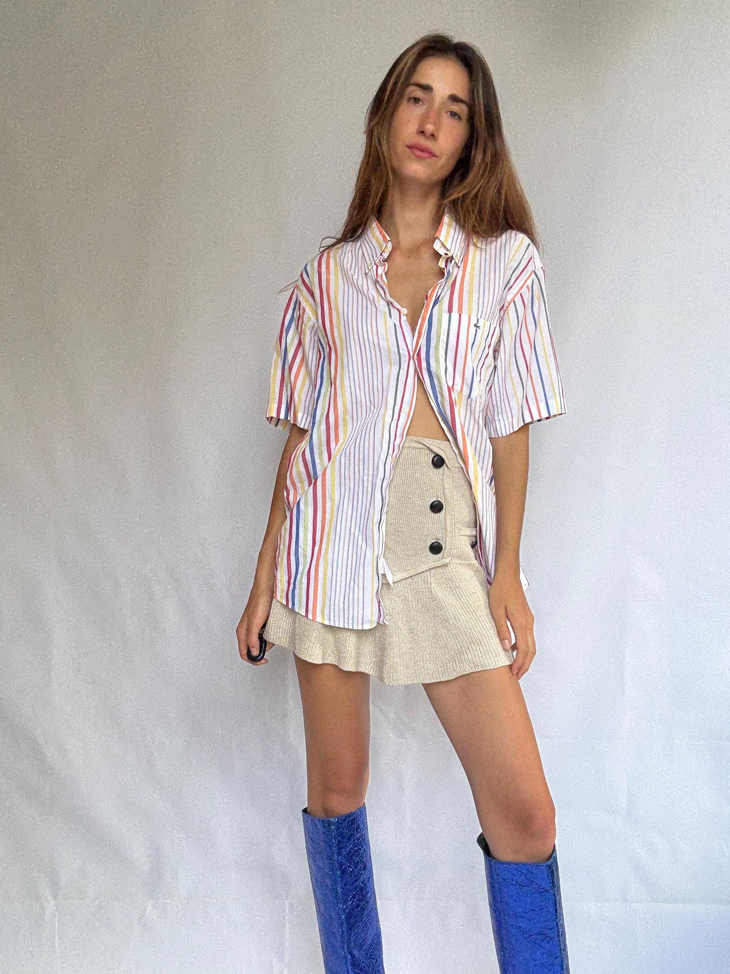 Vintage Lacoste rainbow stripe short sleeve shirt, 100% cotton, oversized fit, preppy retro vibes, unisex classic button-up, Size 42, M-L