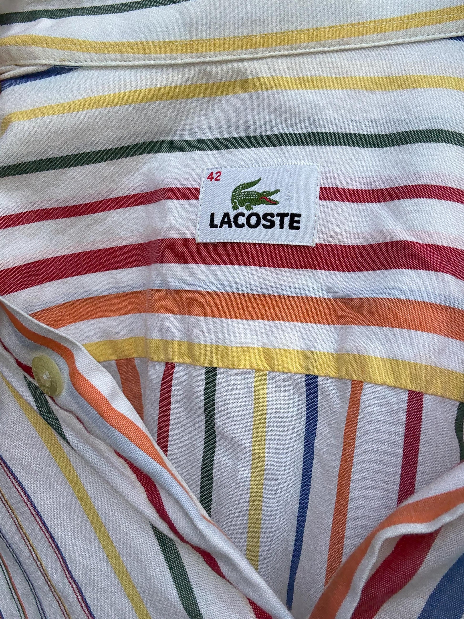 Vintage Lacoste rainbow stripe short sleeve shirt, 100% cotton, oversized fit, preppy retro vibes, unisex classic button-up, Size 42, M-L