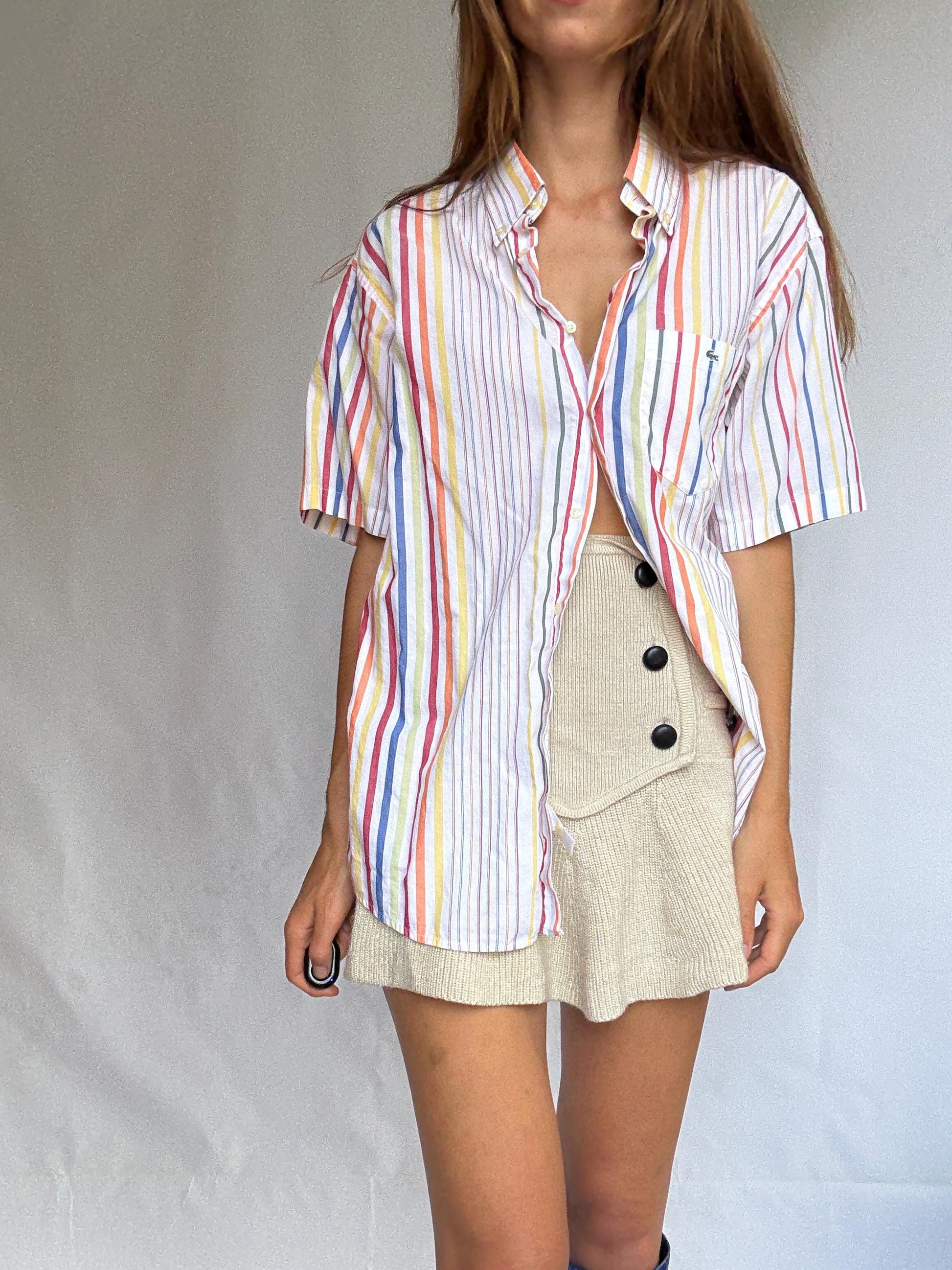 Vintage Lacoste rainbow stripe short sleeve shirt, 100% cotton, oversized fit, preppy retro vibes, unisex classic button-up, Size 42, M-L