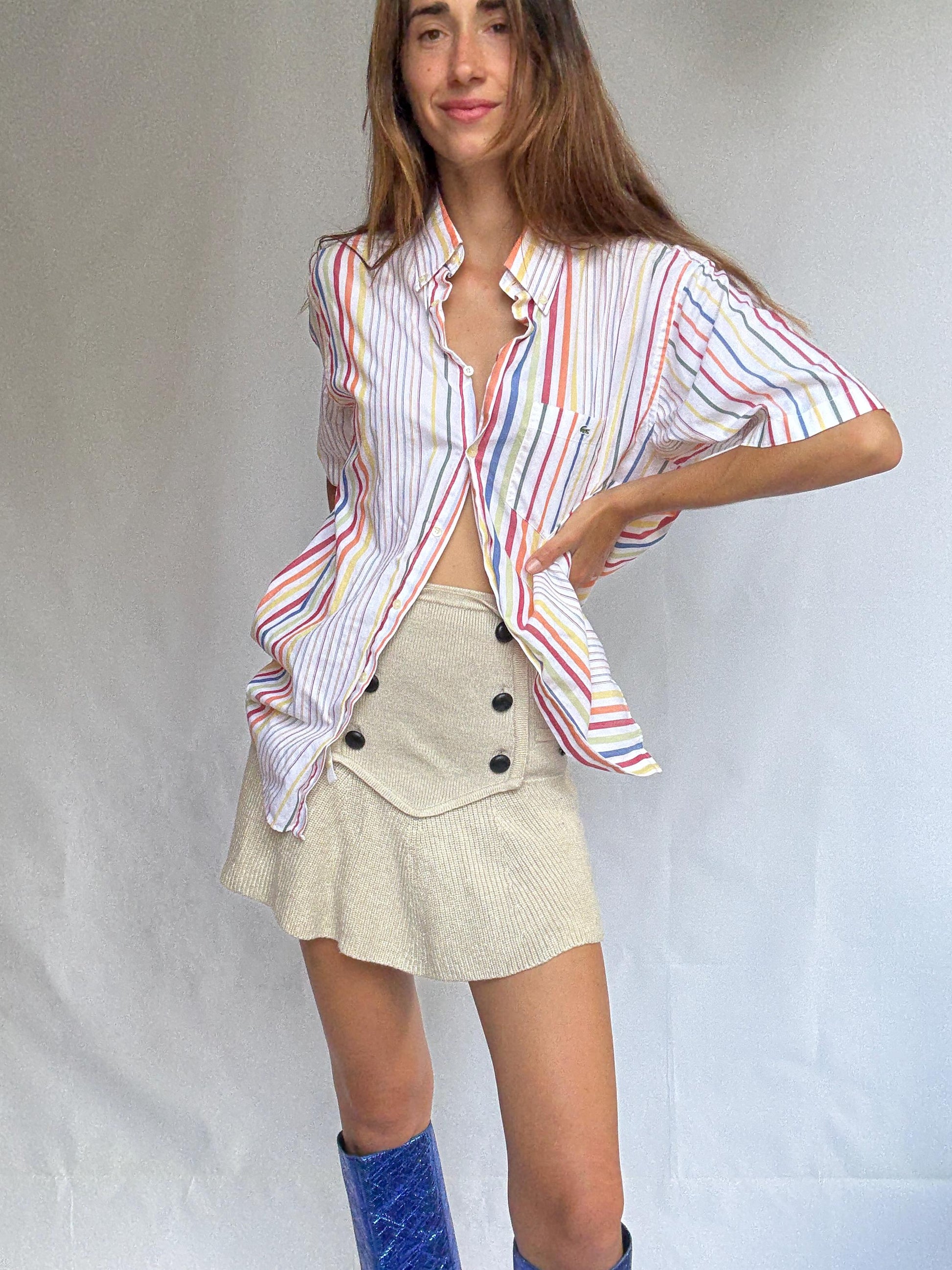 Vintage Lacoste rainbow stripe short sleeve shirt, 100% cotton, oversized fit, preppy retro vibes, unisex classic button-up, Size 42, M-L