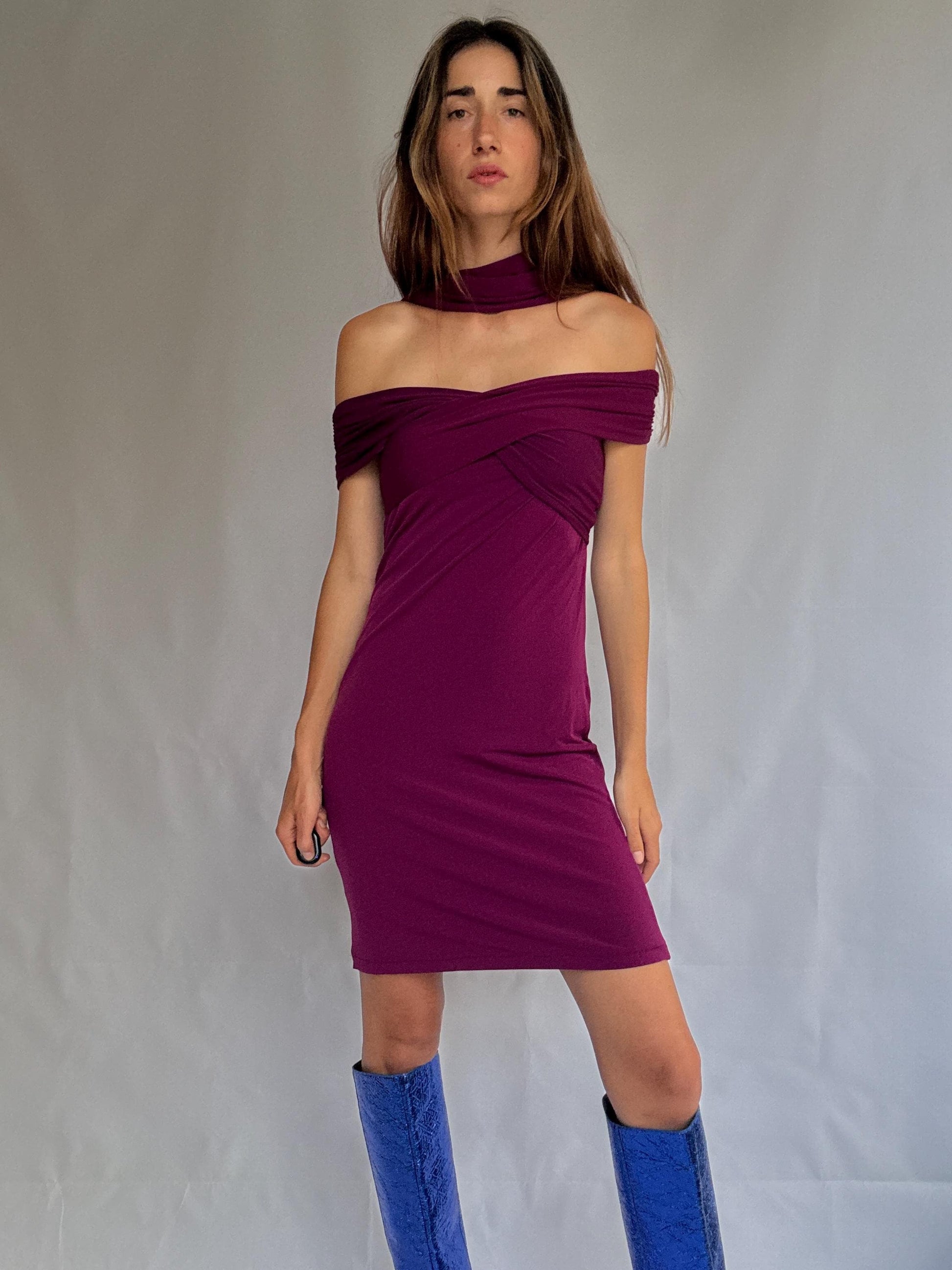 Off-shoulder magenta dress with back bow by Panambi, made in Spain, elegant stretch party dress, new with tags, size 38