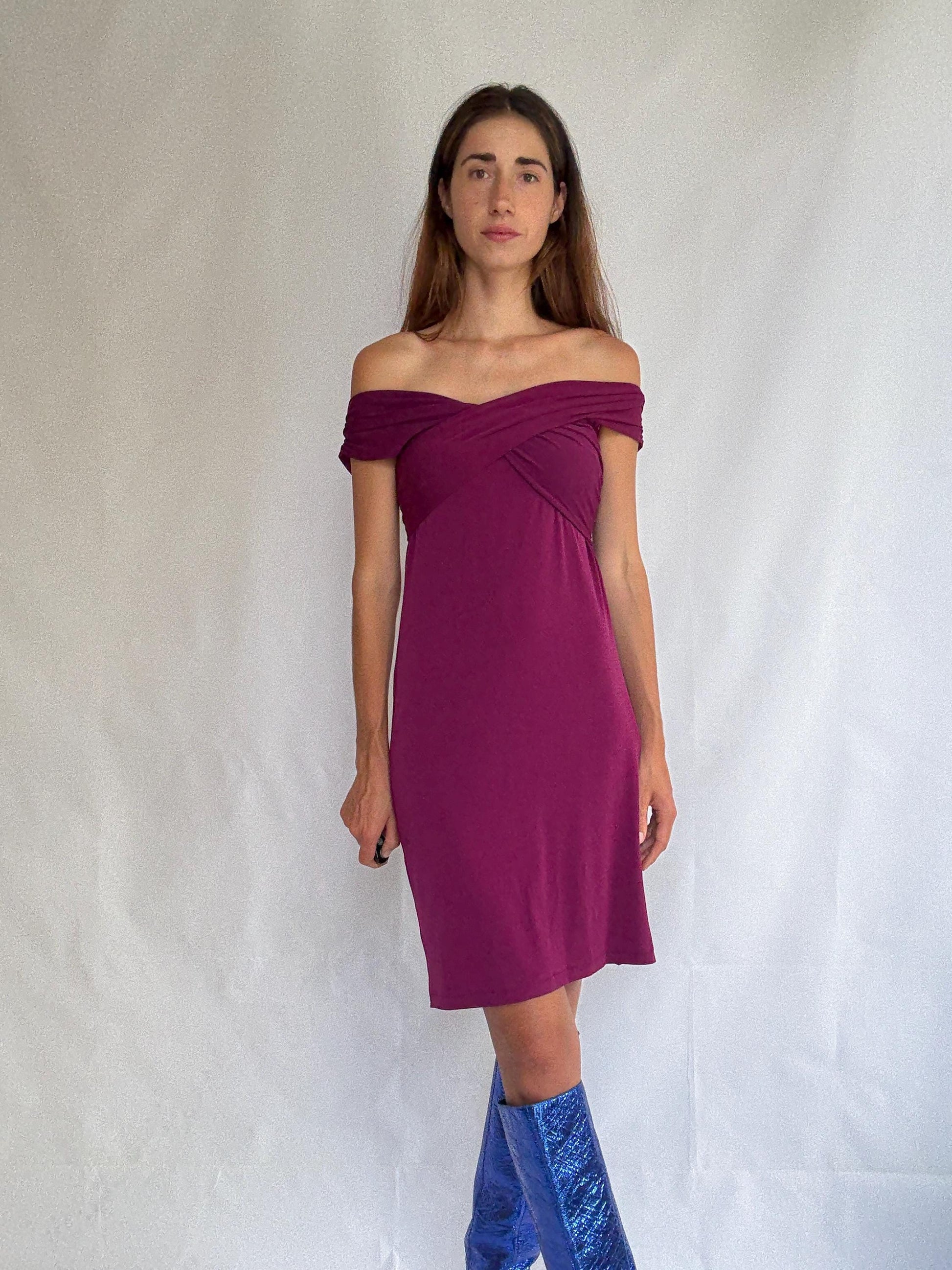 Off-shoulder magenta dress with back bow by Panambi, made in Spain, elegant stretch party dress, new with tags, size 38