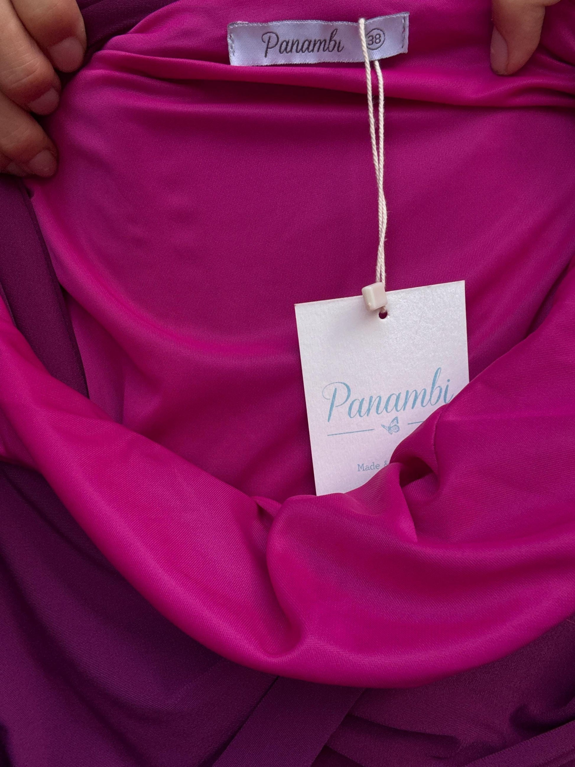 Off-shoulder magenta dress with back bow by Panambi, made in Spain, elegant stretch party dress, new with tags, size 38