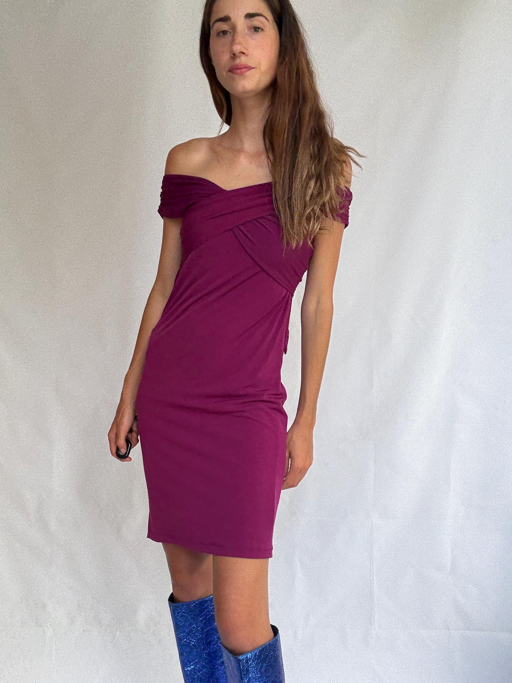 Off-shoulder magenta dress with back bow by Panambi, made in Spain, elegant stretch party dress, new with tags, size 38