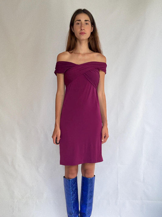 Off-shoulder magenta dress with back bow by Panambi, made in Spain, elegant stretch party dress, new with tags, size 38