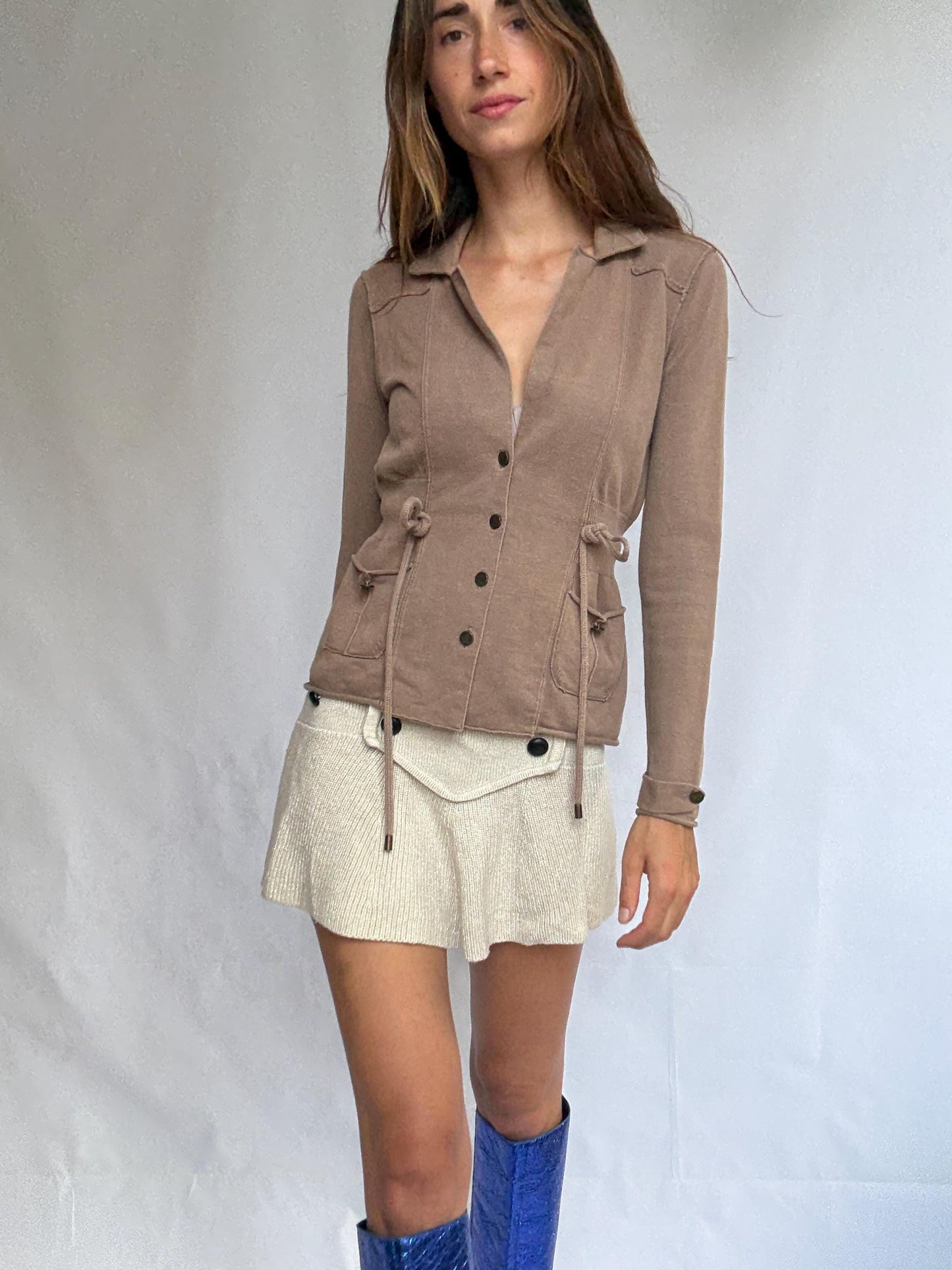 Vintage Brown Cinched Waist Cotton Blazer — fabric close-up