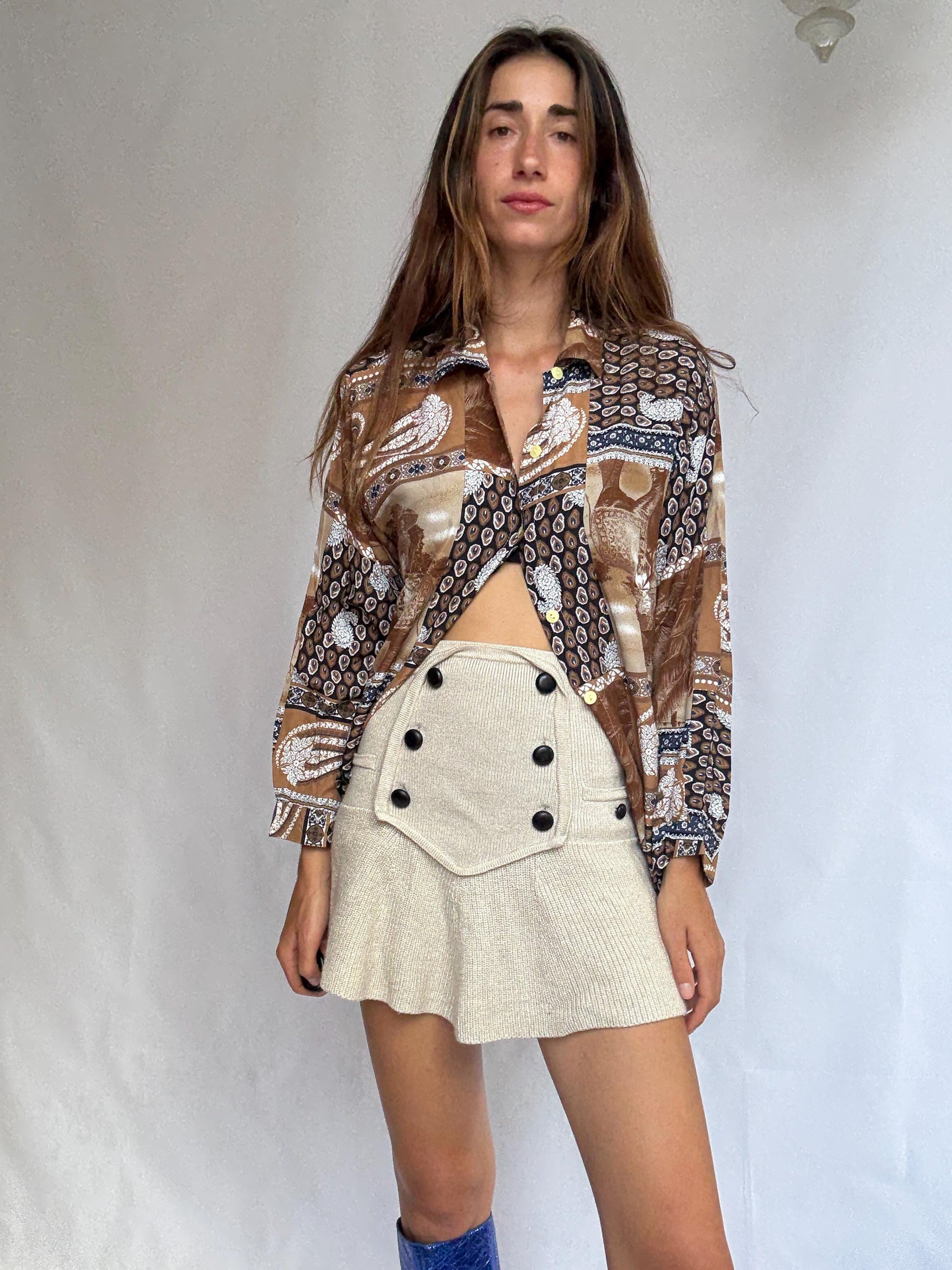 Vintage patch print blouse – brown paisley shirt, long sleeve, relaxed fit, 90s boho grandpa style, one size oversized