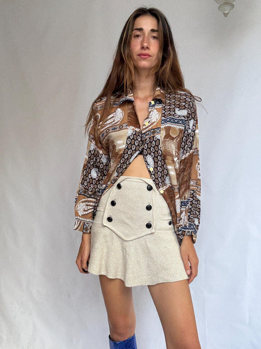 Vintage patch print blouse – brown paisley shirt, long sleeve, relaxed fit, 90s boho grandpa style, one size oversized