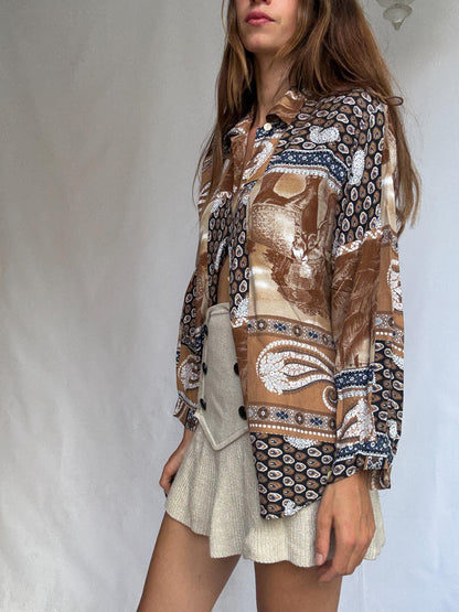Vintage Brown Paisley Blouse - 90s Boho Patch Print Shirt
