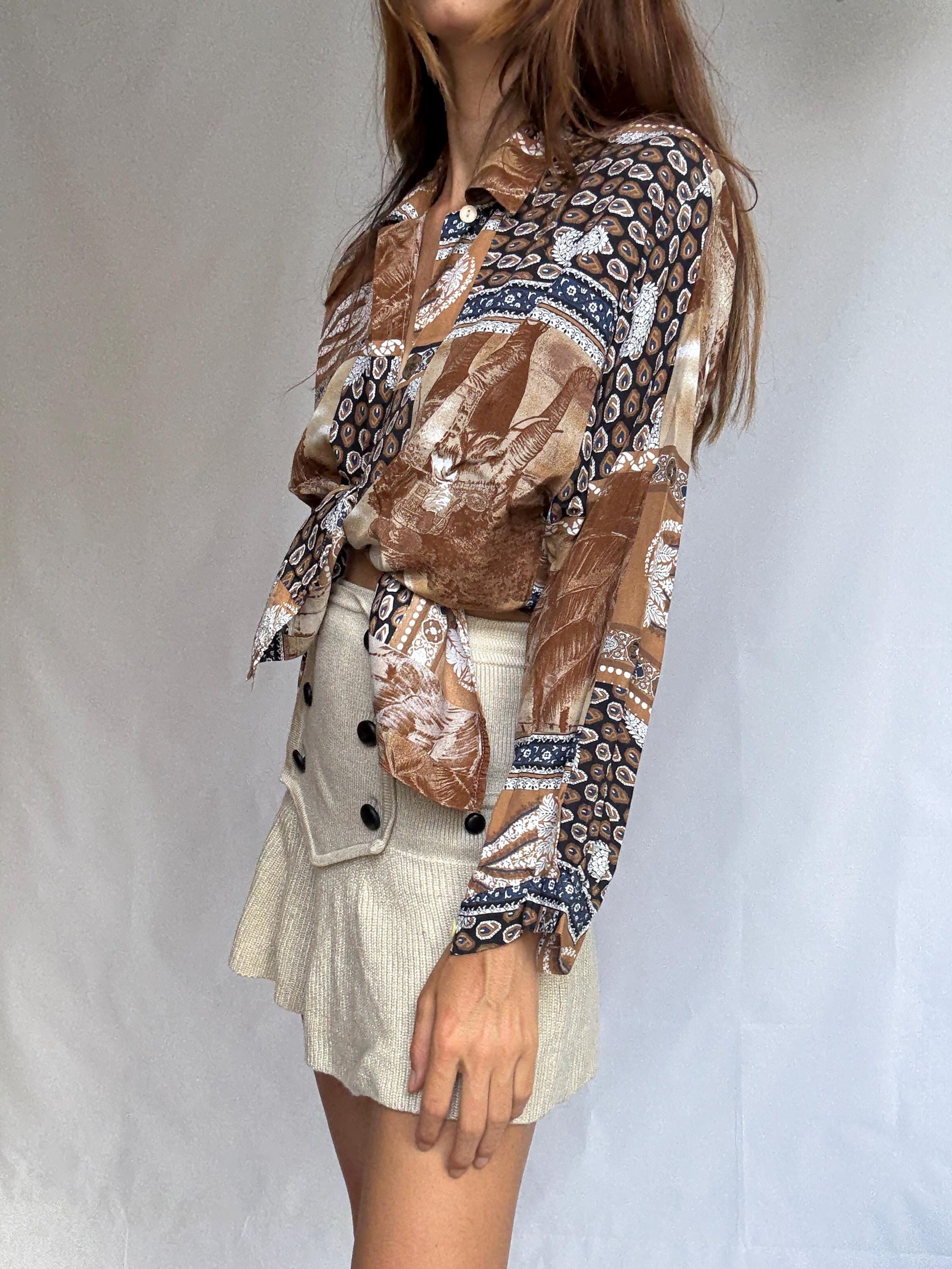 Vintage patch print blouse – brown paisley shirt, long sleeve, relaxed fit, 90s boho grandpa style, one size oversized