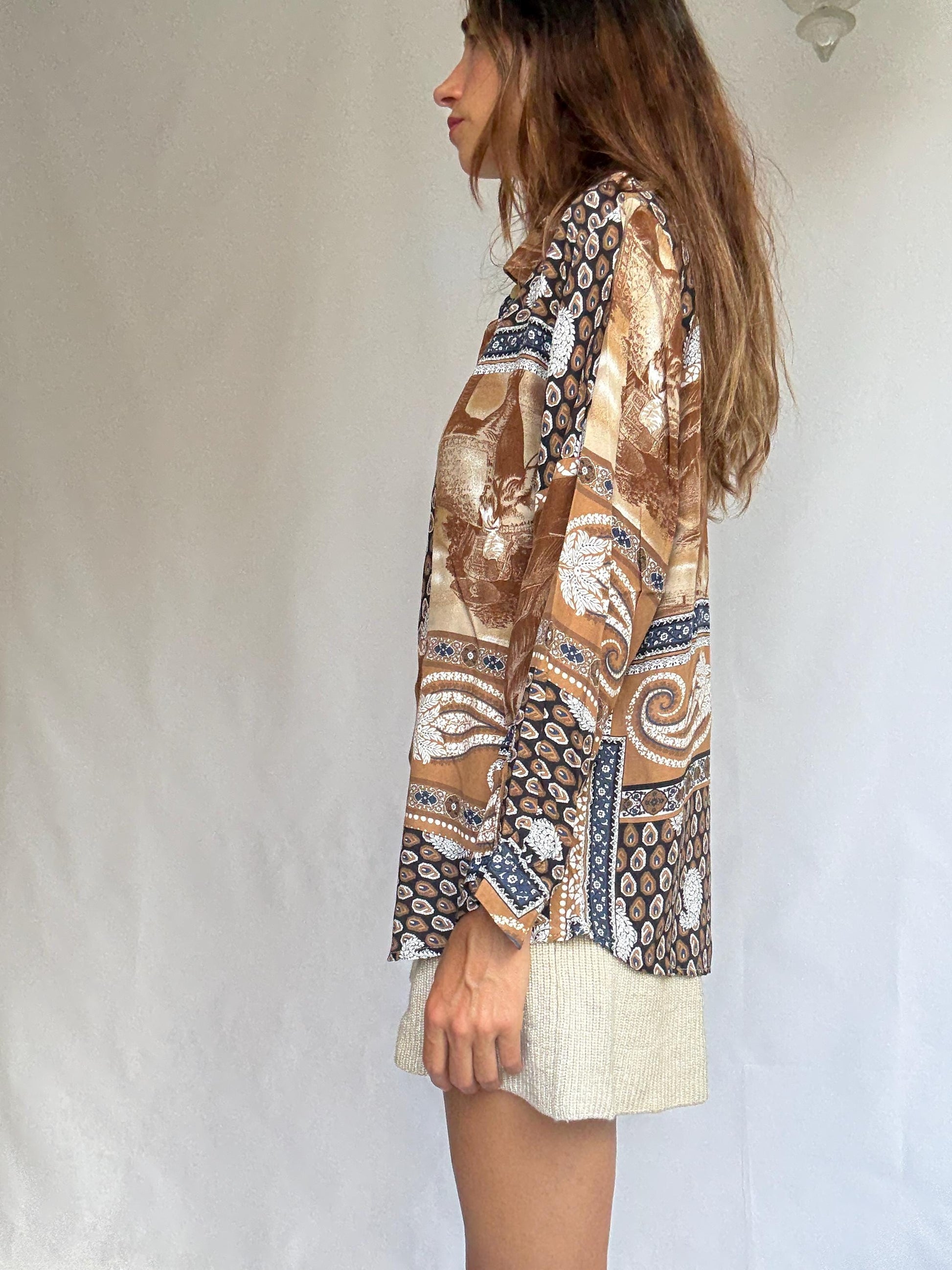 Vintage patch print blouse – brown paisley shirt, long sleeve, relaxed fit, 90s boho grandpa style, one size oversized