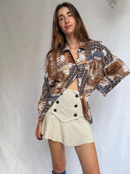 Vintage Brown Paisley Blouse - 90s Boho Patch Print Shirt