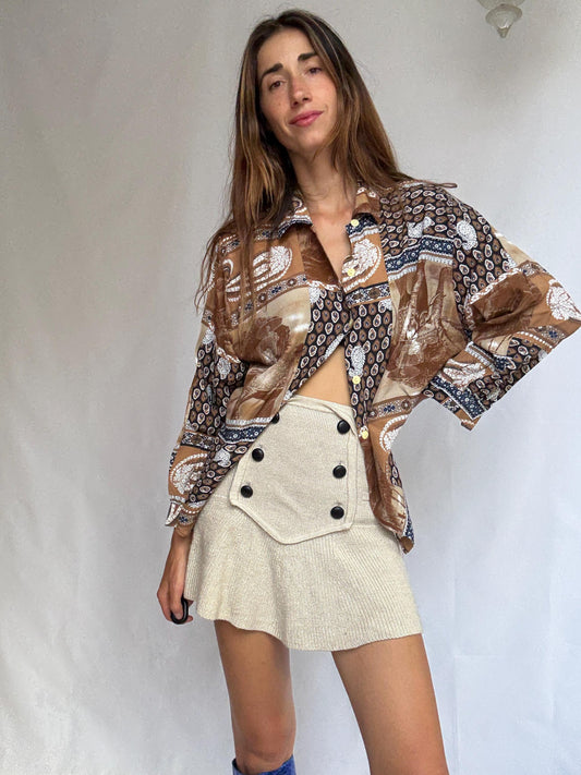 Vintage patch print blouse – brown paisley shirt, long sleeve, relaxed fit, 90s boho grandpa style, one size oversized