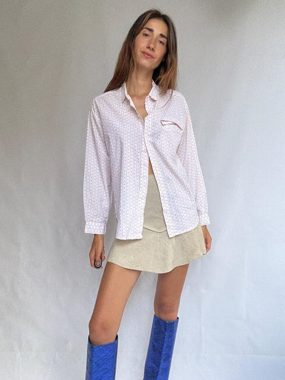 Pink 70s Cotton Button-Up Shirt Retro Unisex Blouse