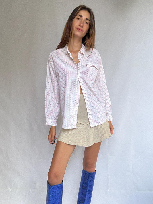 Groovy 70s Cotton Button-Up Shirt | Unisex Vintage Blouse | Pink Retro Print | Size L (DE 40 / UK 14 / US 10)