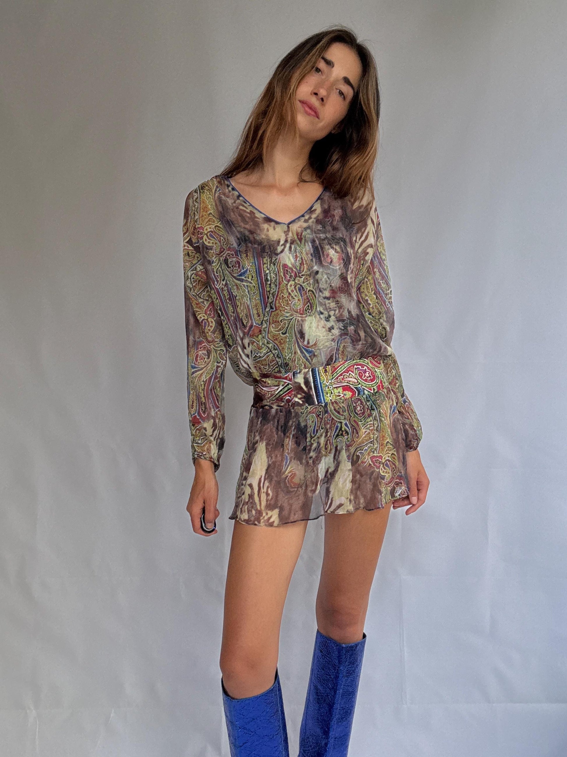 Vintage Sheer Silk Mini Dress | Boho Designer Tunic by Orna Farho Paris | Fits S/M | Festival Gypsy Style