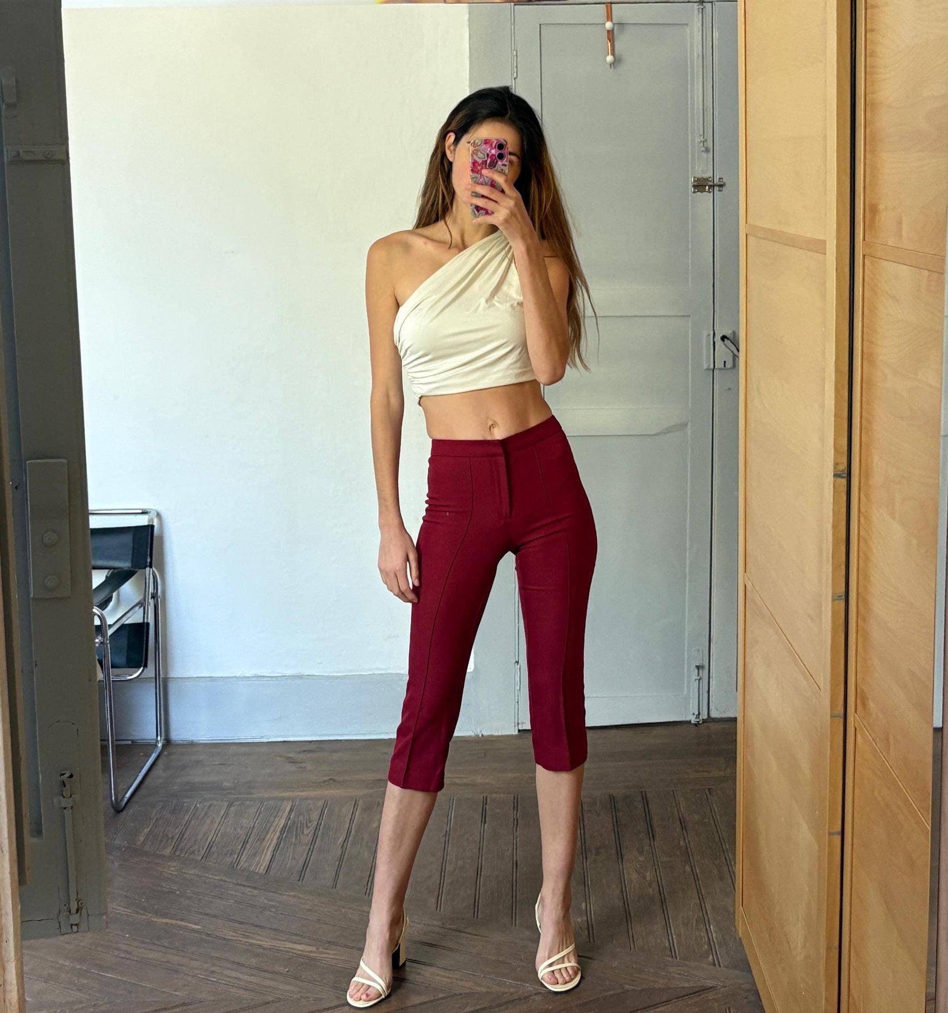 Vintage Red Cropped Designer Trousers | Chic Y2K Culotte Pants | Size XS–S | Tailored Fit