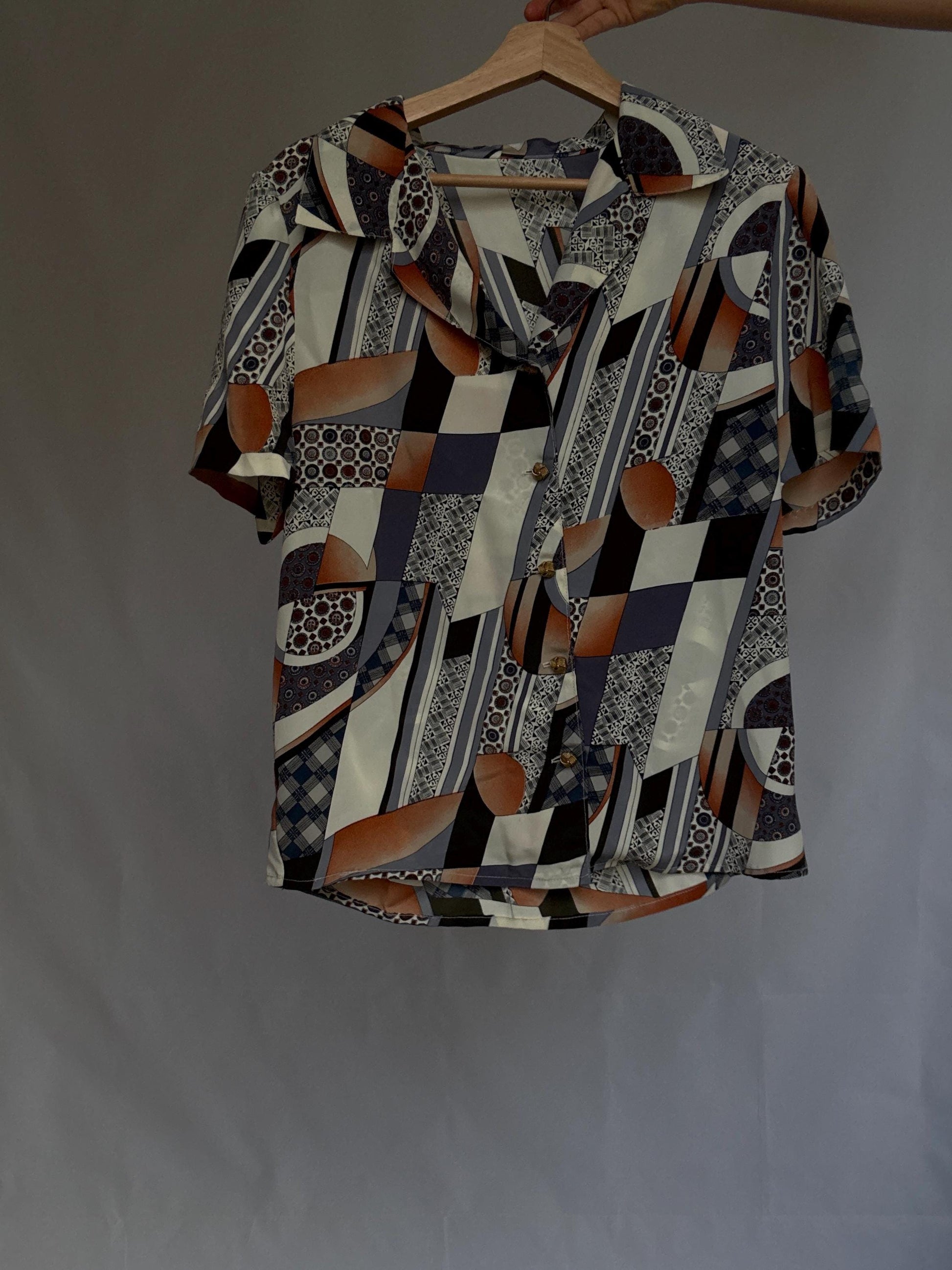 Vintage handmade short sleeve blouse, retro geometric print, one of a kind button-up shirt, lightweight and silky, 90s style top