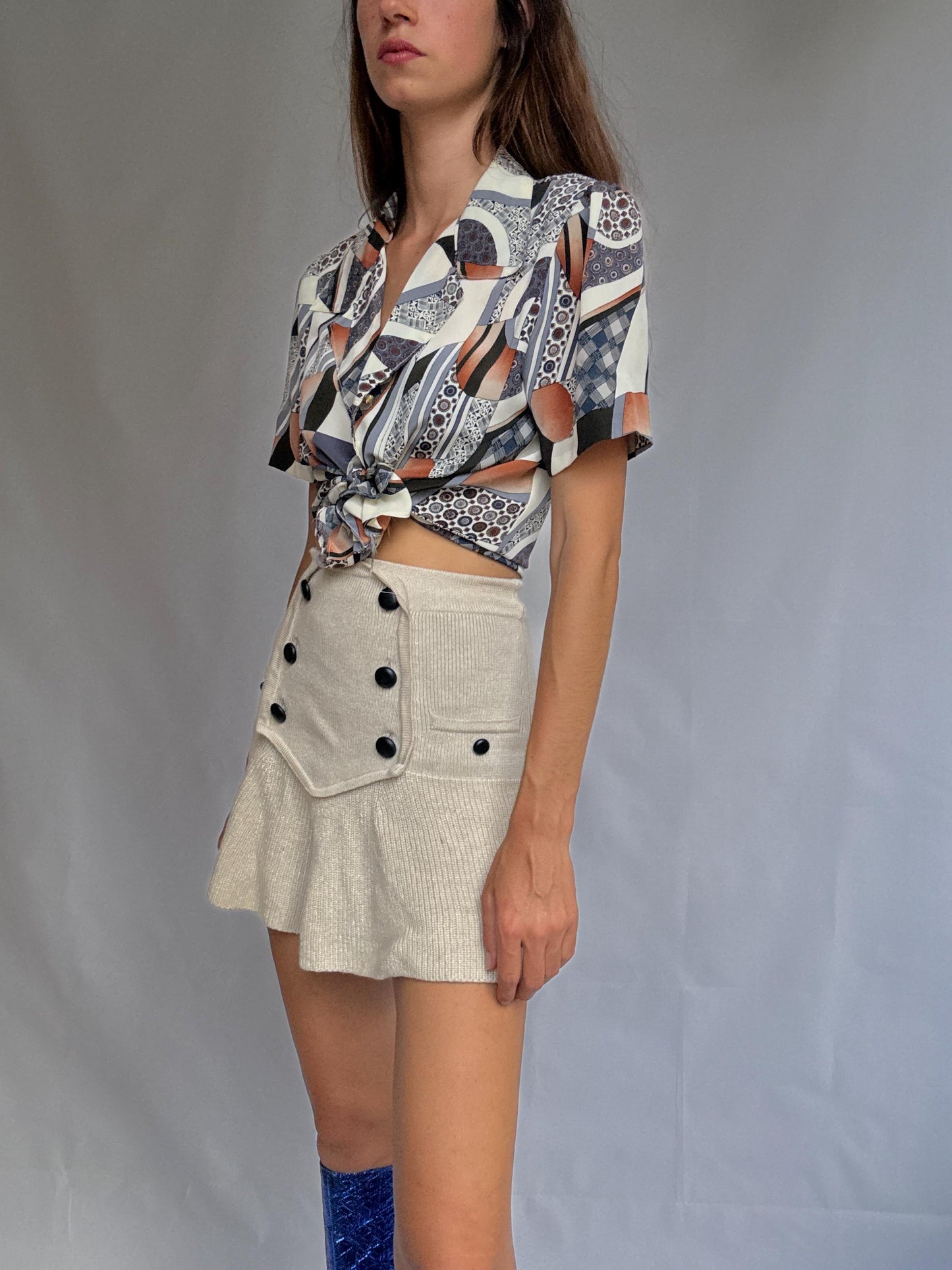 Vintage handmade short sleeve blouse, retro geometric print, one of a kind button-up shirt, lightweight and silky, 90s style top